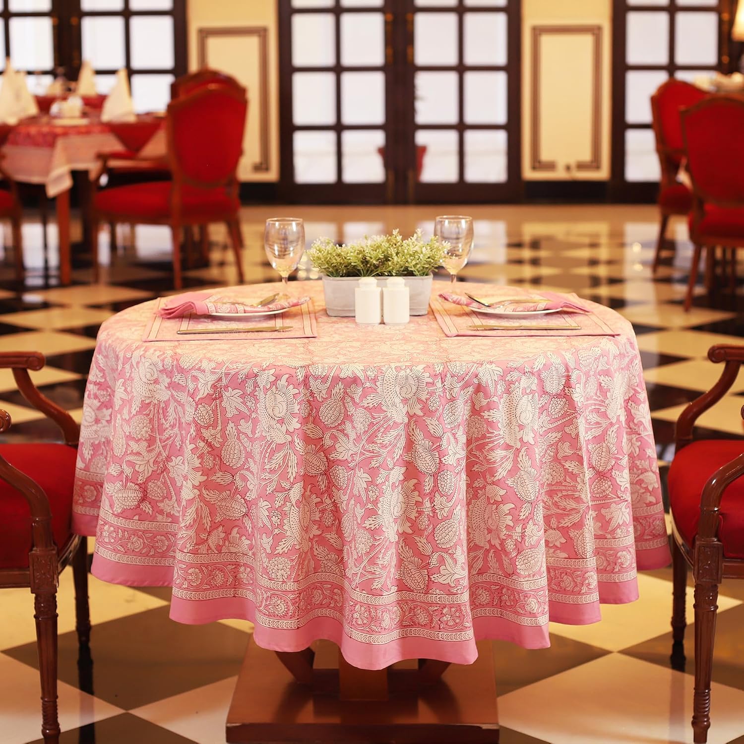 Labhanshi Pink Block Print Round Table Cloth|Indian Round Floral Cotton Table Cover 90 Inch 8-Seater Spring Easter Kitchen Dining Tablecloth|Patio Table Cover for Event Wedding Banquet Parties