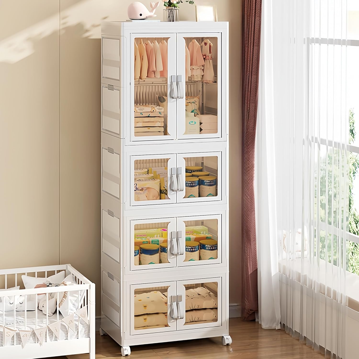 Kids Wardrobe Closet, 4Tiers Portable Foldable Children’s Clothes Organizer with Wheels Cabinet Toddler Dresser Storage Organizer with Hanging Rod & 6 Hangers for Kids Bedroom or Nursery