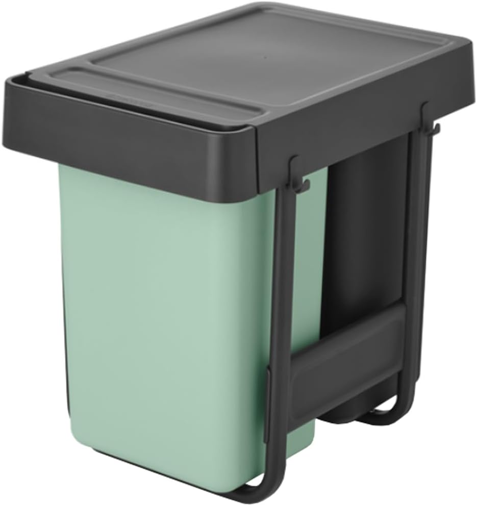Brabantia Sort & Go Pull Out Trash Can | 2 x 4 Gal Built-in Under Kitchen Sink Cabinet Garbage Can | Integrated Double Sliding Recycling Unit, Smooth Rails, Removable Buckets | Gray & Green