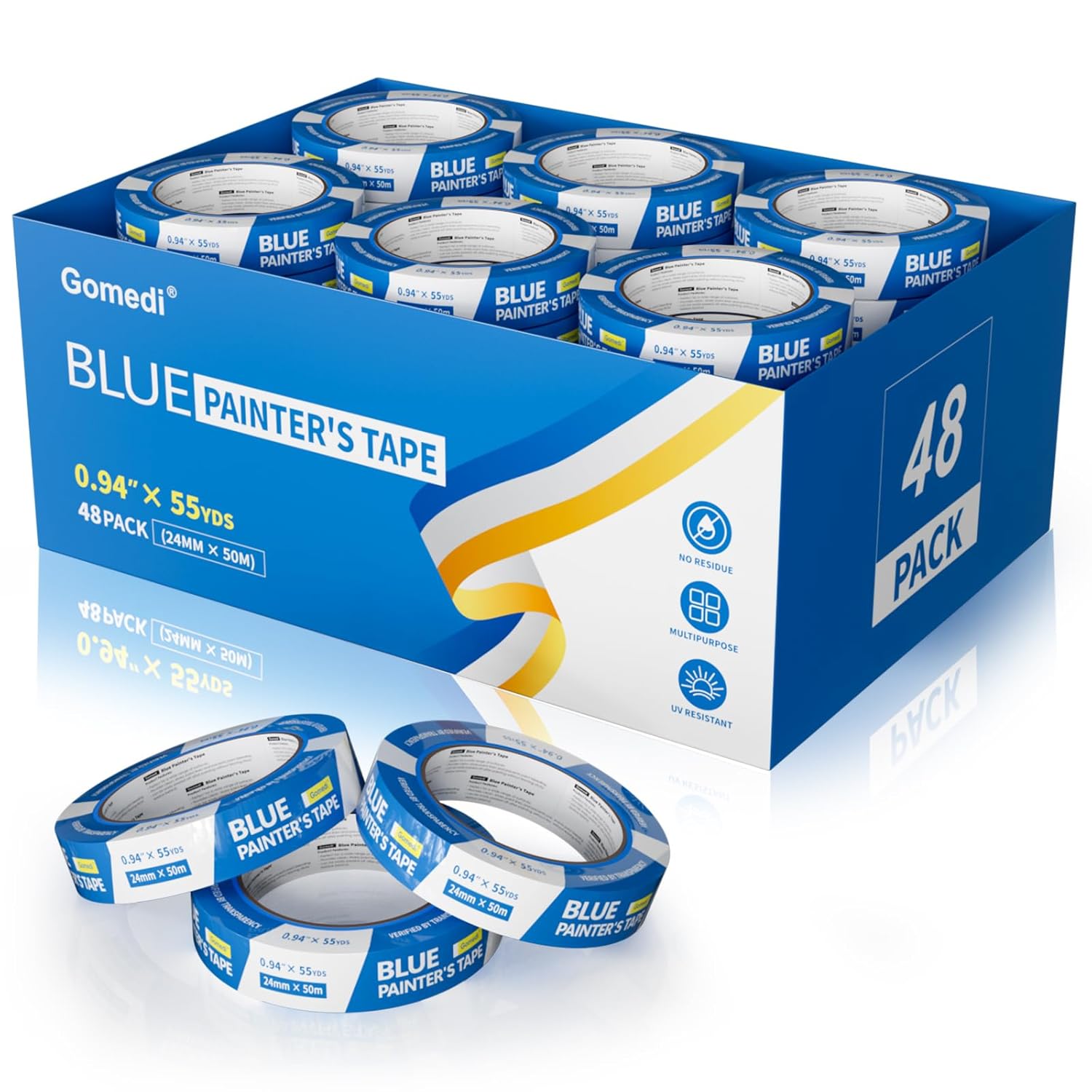 48 Rolls Blue Painters Tape Bulk 1 Inch, Paint Tape 0.94In× 55 Yards, UV Resistant Upgrade Masking Painter's Tape for Walls Painting Car Crafts Home No Residue, Total 2640 Yards