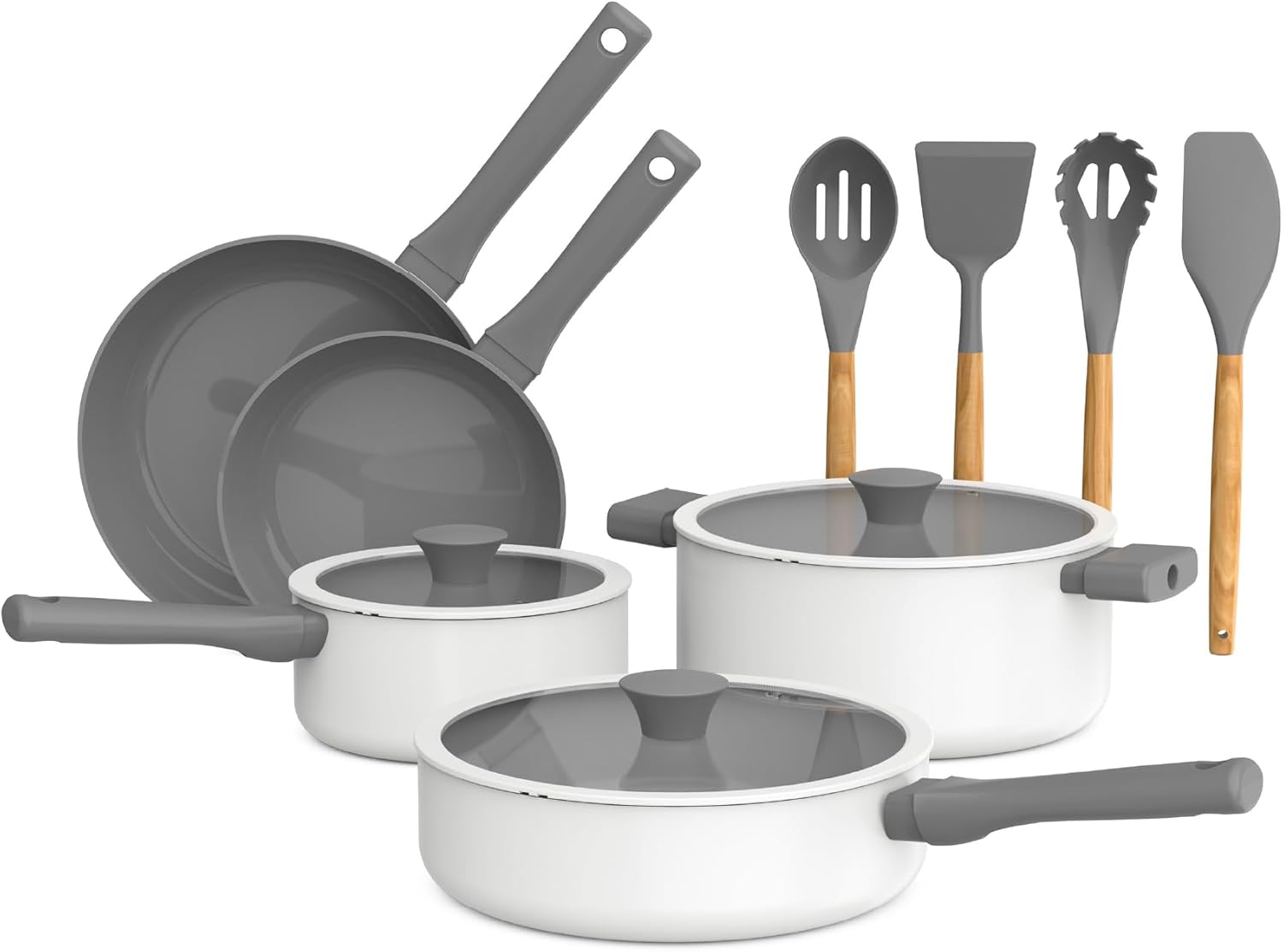 So Yummy by bella 12 Piece Cookware Set w EverGood™ Ceramic Nonstick Coating​ and Silicone & Wood Utensils, Dishwasher Safe Silicone & Glass Lids, Oven Safe & All Stovetop Compatible, Lavender