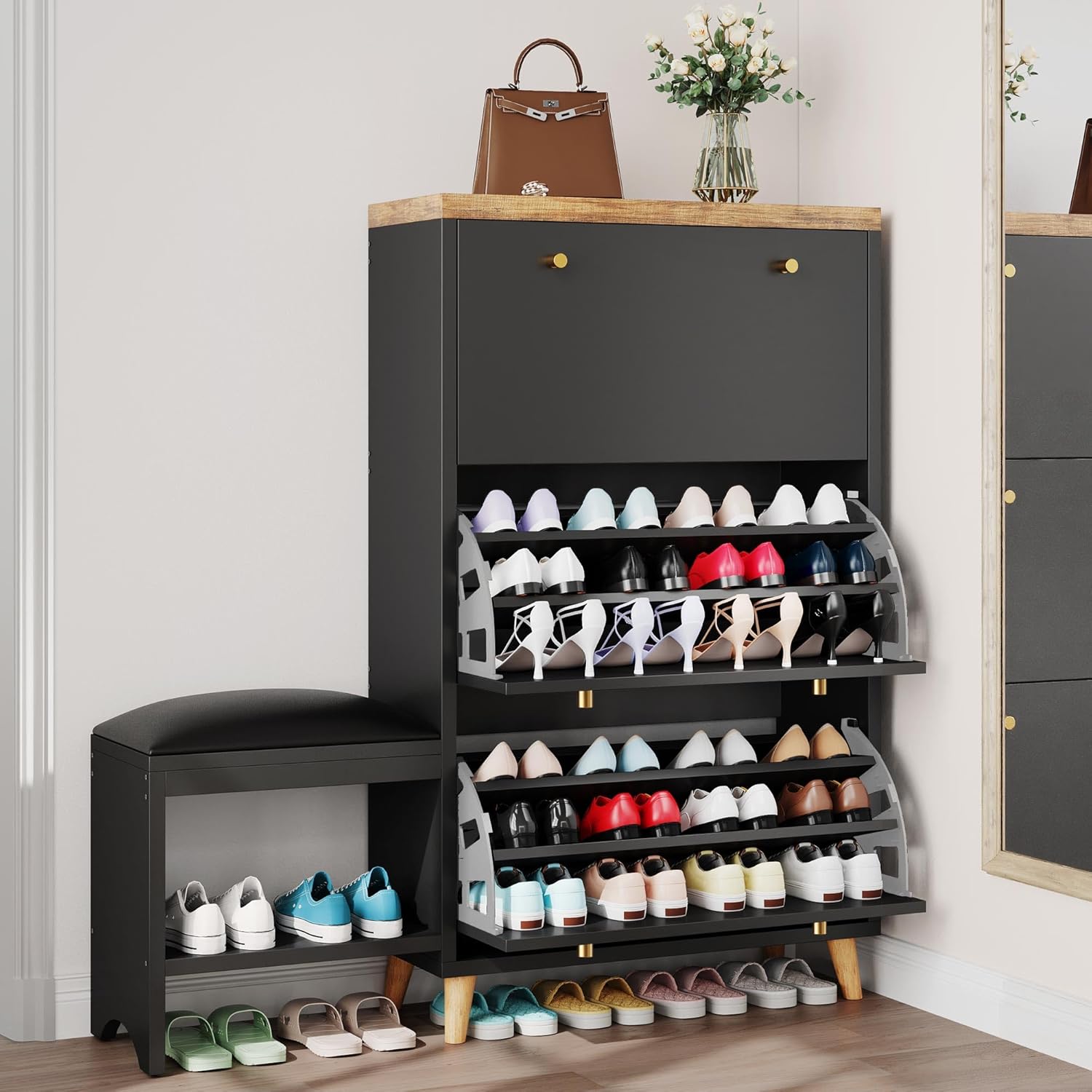 YITAHOME Shoe Cabinet with 3 Flip Drawers, Modern Shoe Storage Cabinet with Shoe Bench for Entryway, Freestanding Hidden Shoe Rack Storage Organizer with Gold Metal Handle, Living Room, Black
