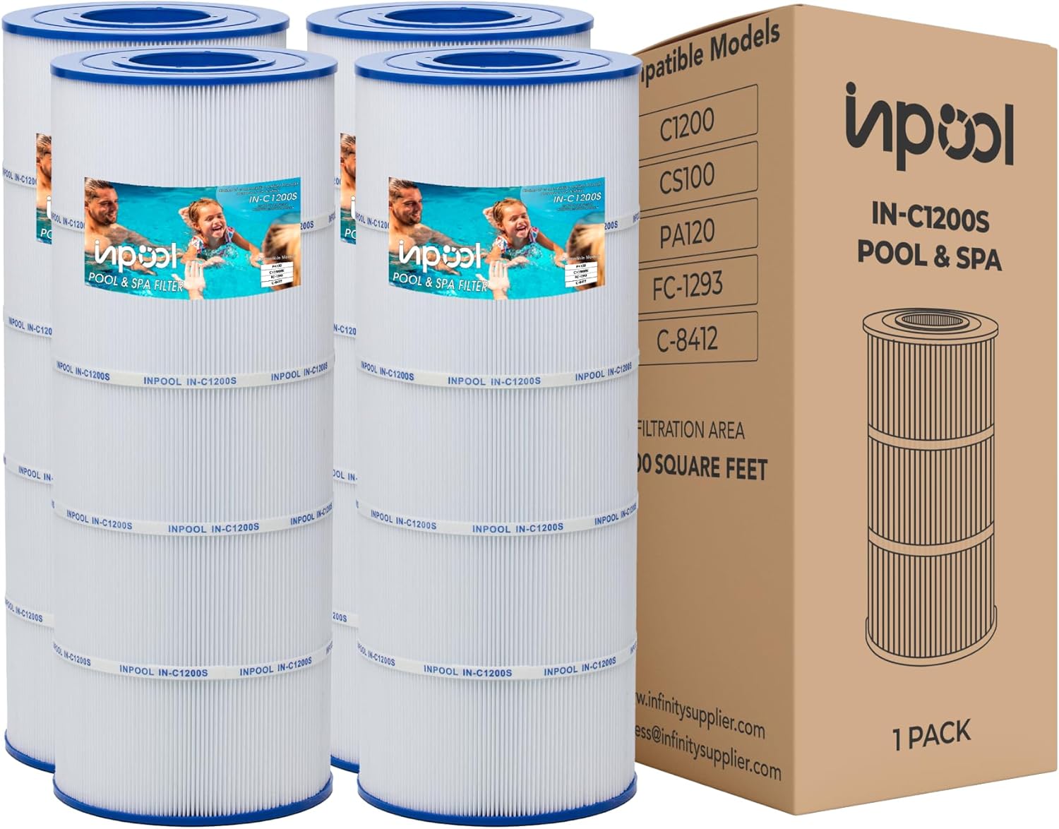 IN-C1200S – Pool Filter and spa Filter Cartridge, Compatible with Hayward C1200, Pleatco PA120, Filbur FC-1293, Unicel C-8412, Ultra-B2,120 Square feet for in ground Pools (Pack 4)