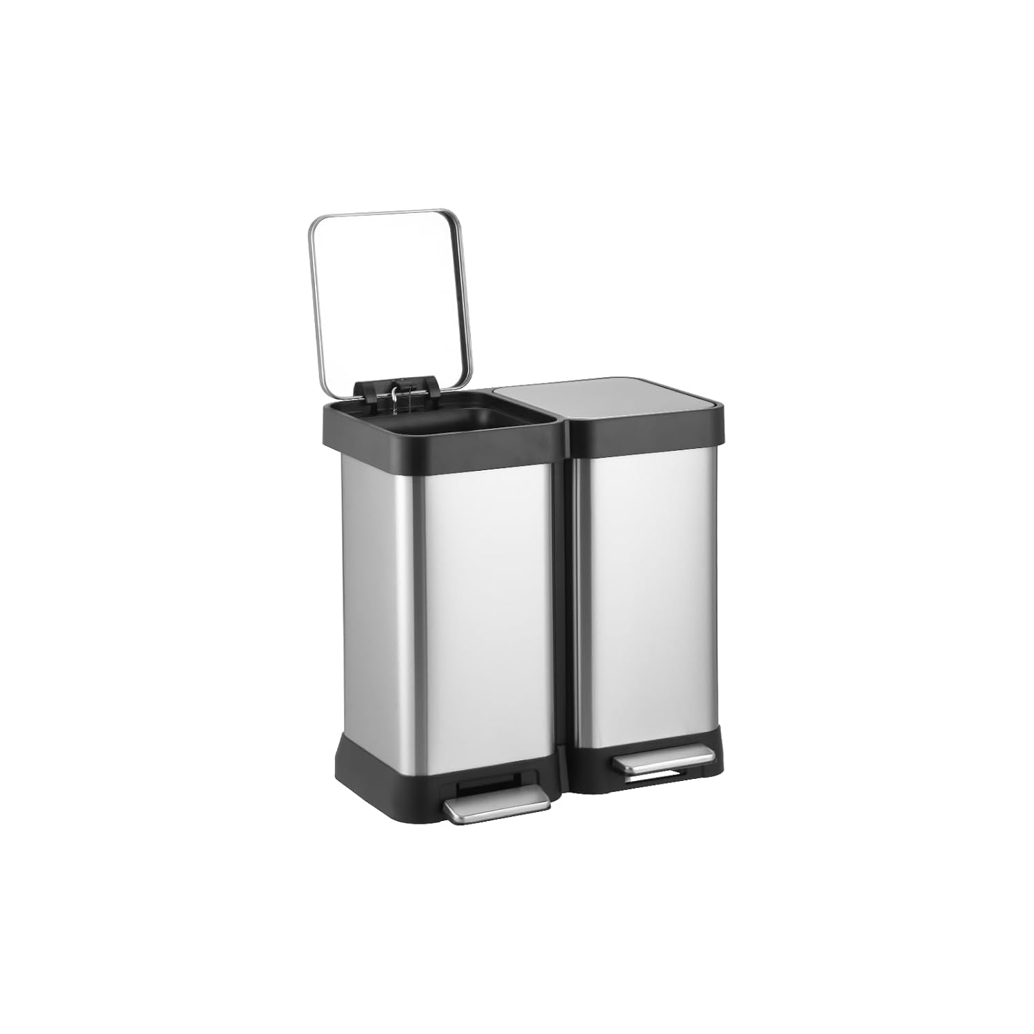 13 Gallon Dual Trash and Recycling Bin, 50L(2x25L) Fingerprint Proof Stainless Steel Kitchen Garbage Can with Double Lid, Hands-Free Step Rubbish Bin Without Inner Bucket for Kitchen Home Office