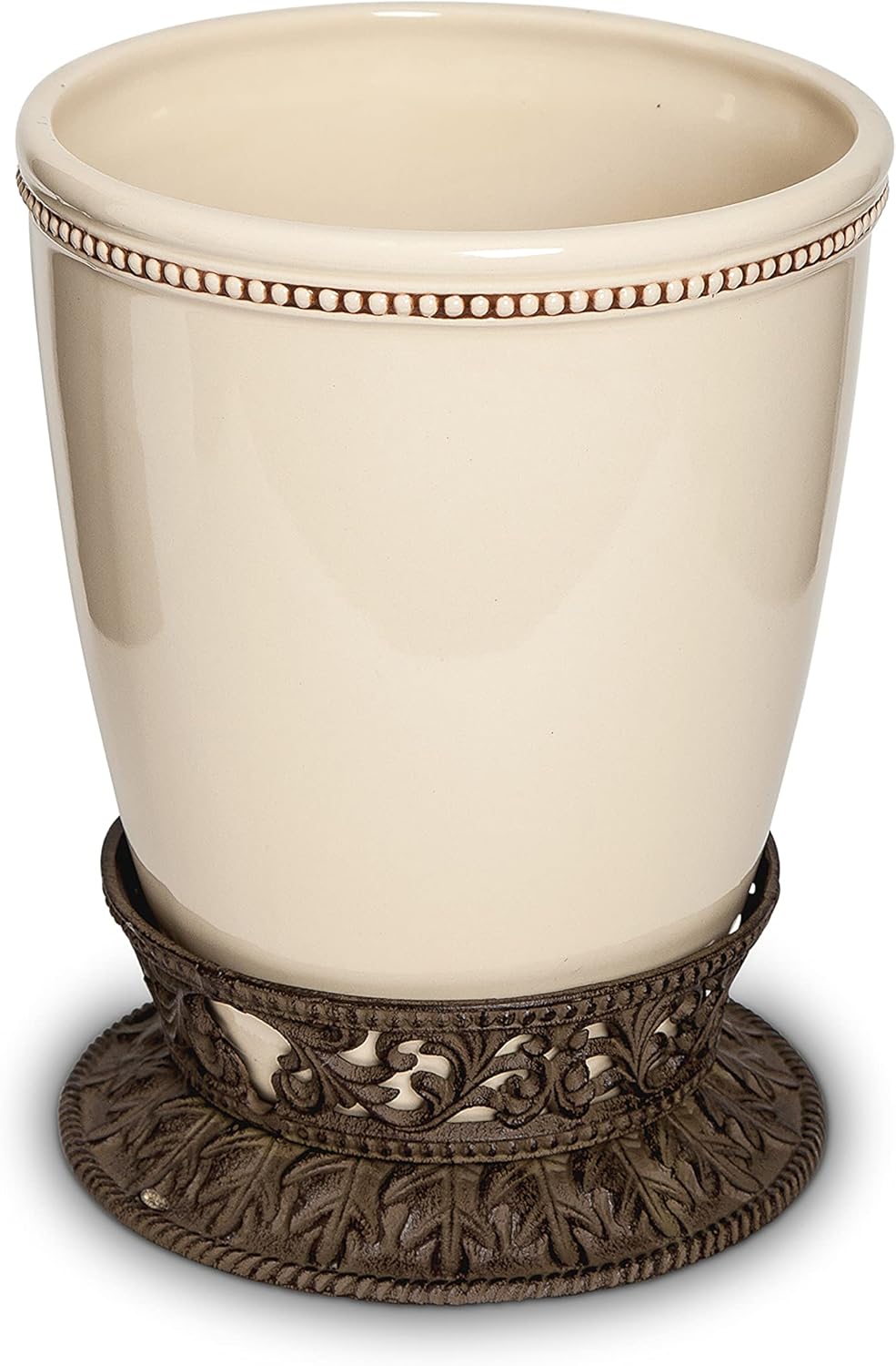 GG Collection Small Cream Ceramic Wastebasket with Acanthus Leaf Metal Base