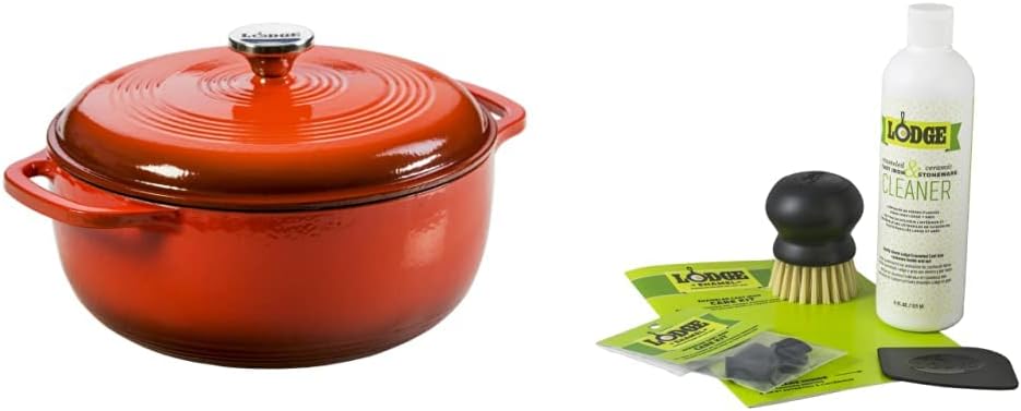 Lodge Enameled Cast Iron Dutch Oven, 6 Qt, Poppy & Enameled Cast Iron & Ceramic Stoneware Care Kit