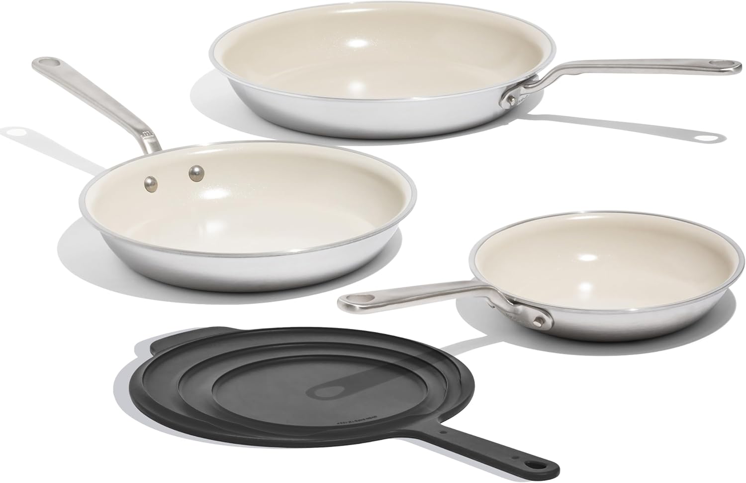 Made In Cookware - 3-Piece Ceramic Frying Pan Set with Universal Silicone Lid - 5 Ply Stainless Clad - Professional Cookware - Induction Compatible