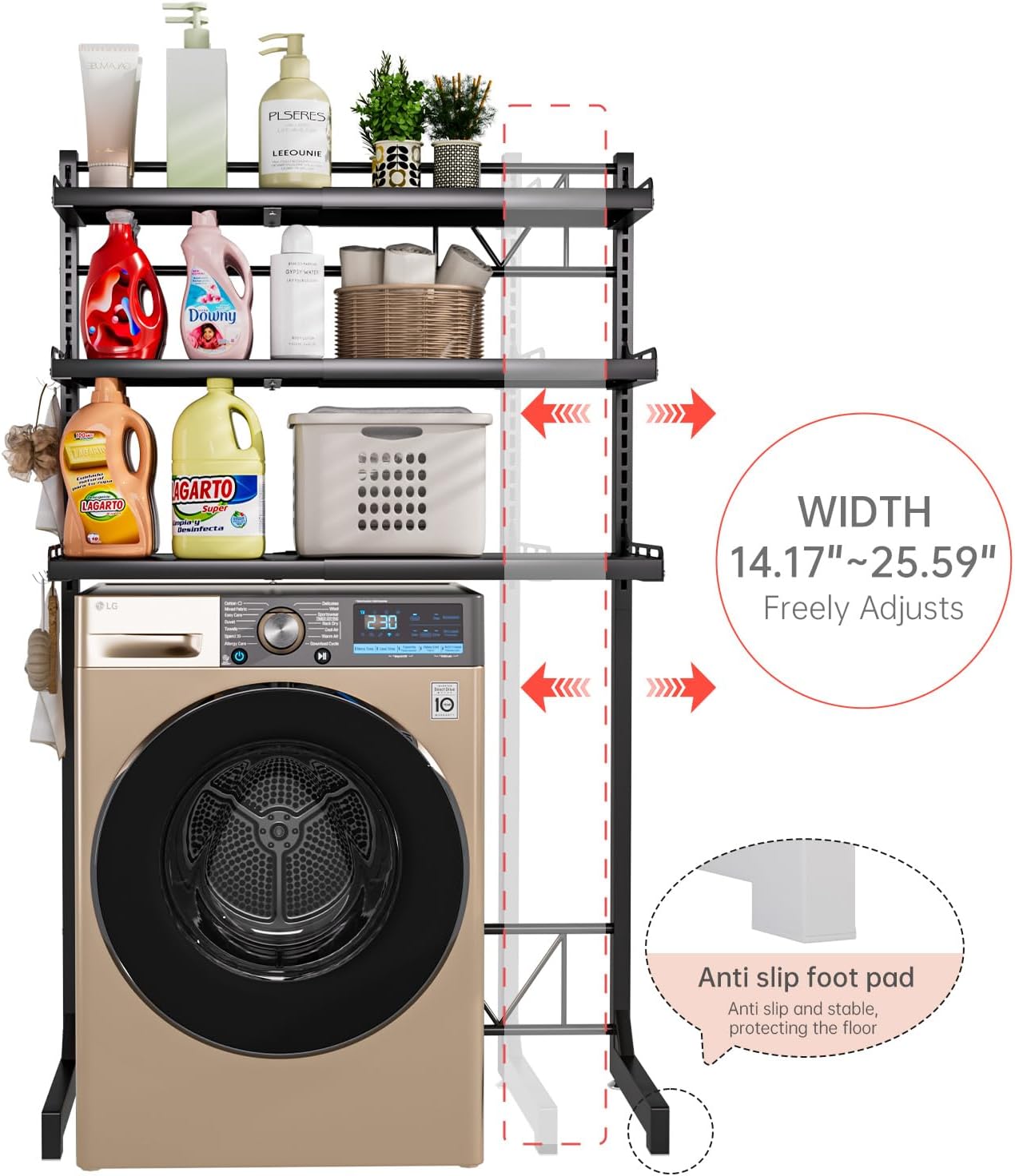 Carbon Steel Over Washer and Dryer Shelves, 3 Tier Bulkhead Laundry Room Storage and Organization Riser, Bathroom Space Saver Shelf, (14.17“-25.59”) W*15.75 “D*63.39 ”H, Gray