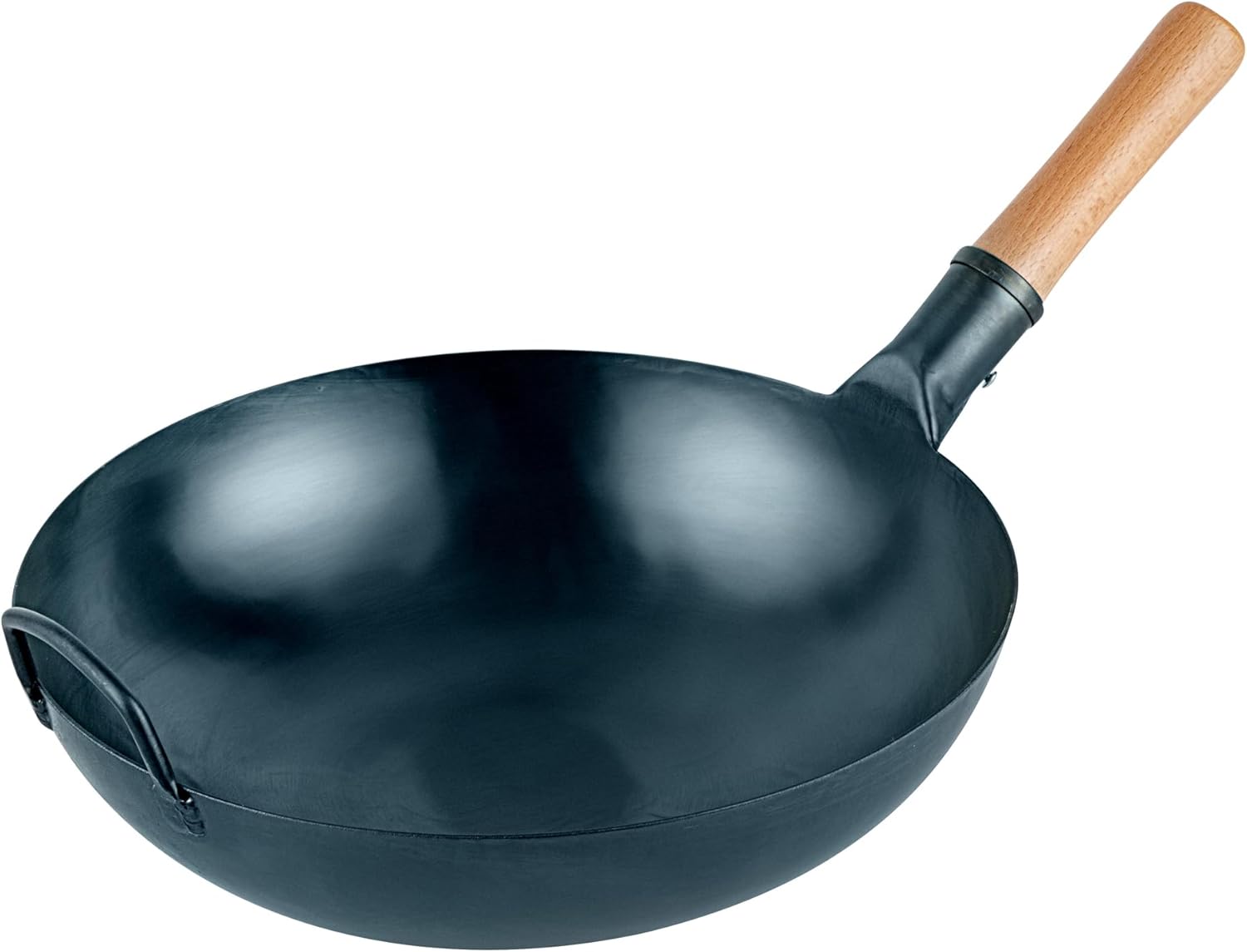 Restaurantware-Motomori 14 Inch Blue Carbon Steel Wok Pan, 1 Traditional Japanese Wok - Flat Bottom, Hand-Hammered, Carbon Steel Traditional Stir Fry Pan, With Wooden Handle