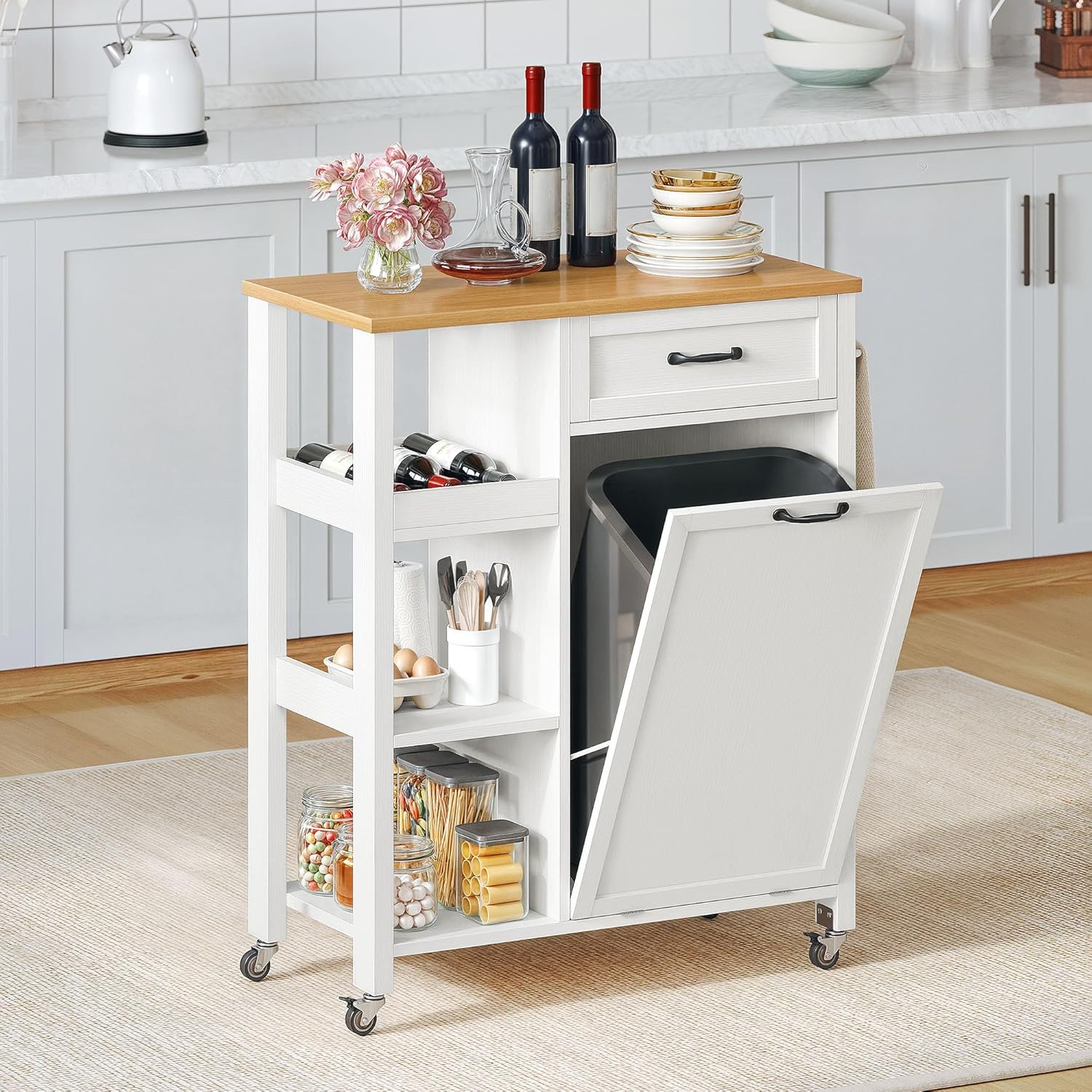 YITAHOME Kitchen Island Tilt-Out Trash Cabinet - Rolling Cart with Storage Shelves/Drawers, Fits 10 Gallon Bin, Oak & White