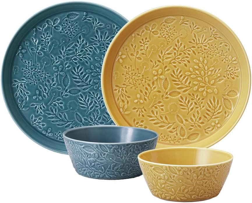 Narumi 41798-33556 Dinnerware Set, Anna Emilia Floral Pattern, 2 Color Set, Blue, Amber, Cute, Relief, For 2 People, 4 Pieces, Microwave, Oven, Dishwasher Safe, Made in Japan, Gift Box Included