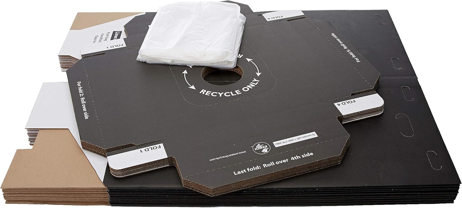 One Earth Disposable and Reusable Corrugated Cardboard Trash and Recycling Boxes: Bin + Lid + Trash Bag- Black (Qty. 10 Sets)