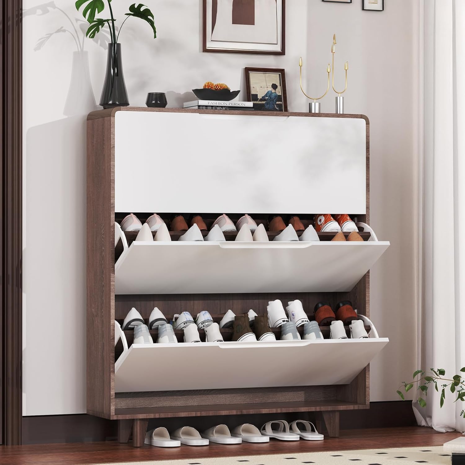 Shoe Cabinet with 3 flip-top Drawers, freestanding Design, Space-Saving Design, Suitable for hallways or entrances,(Walnut Color, 47.2H*23.6W*9.4D)
