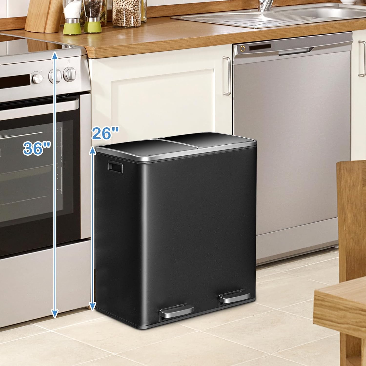 Goplus Dual Trash Can, 60 Liter (2x30L)/ 16 Gallon Stainless Steel Step Trash Can, Rectangular Garbage Bin with Inner Buckets and Hinged Lids, Suit for Kitchen Office Home Use,Black