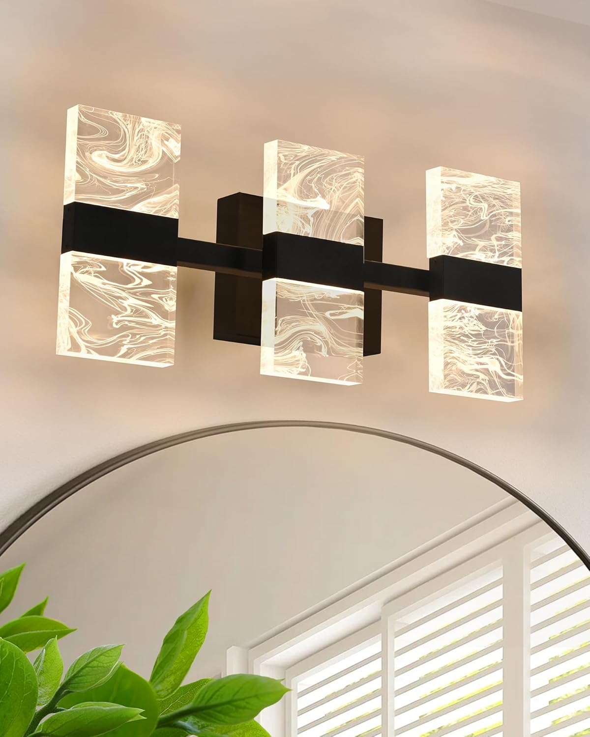 LED 3000K Black Bathroom Light Fixture, Modern 3-Lights Vanity Lighting with Smoke Acrylic Shades, Wall Lamp Over Mirror for Kitchen Bedroom (Integrated Led Chips Included)