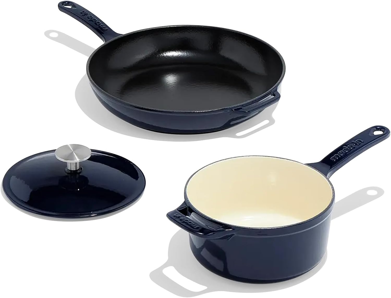 Made In Cookware - 5 Pc Enameled Cast Iron Set - Blue - Includes Dutch Oven w/Lid, Skillet and Saucepan w/Lid - Exceptional Heat Retention and Durability - Professional Cookware - Crafted In France