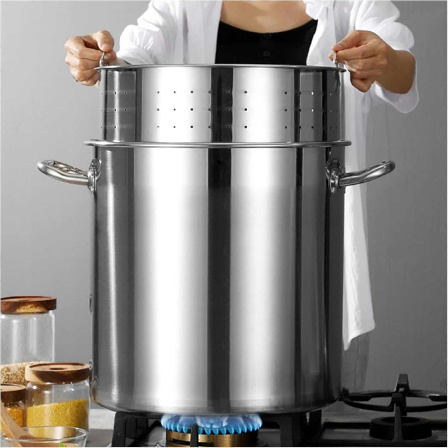 5-Piece Stainless Steel Stockpot 27Qt/45Qt/63Qt Large Crawfish Seafood Boiler Deep Turkey Fryer Pot with Strainer Basket, Pot Holders, Non-Stick Steamer Sheets, for Outdoor Cooking(Siliver 40x40cm)