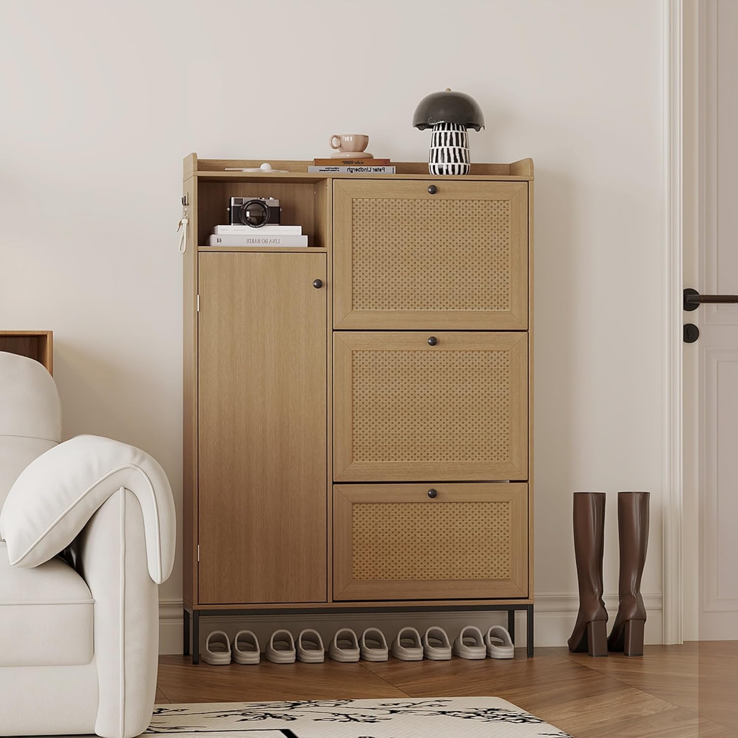 3-Tier Shoe Cabinet, Rattan Shoe Organizer with Flip Drawers and Adjustable Shelves, Rattan Door Design with Top Grate, Narrow Shoe Storage Organizer for Entryway, Hallway, or Bedroom, Wood Color