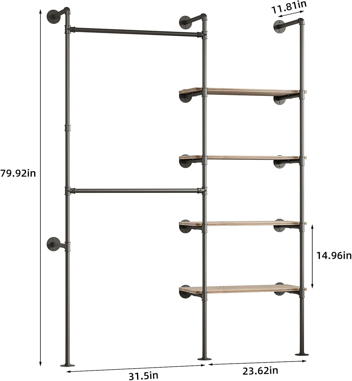 Industrial Pipe Clothing Rack, Hanging Rods Clothes Rack with Shelves, Clothes Rack for Wardrobe, Corner Closet System for Walk in Closets (Black, II-4Tier)