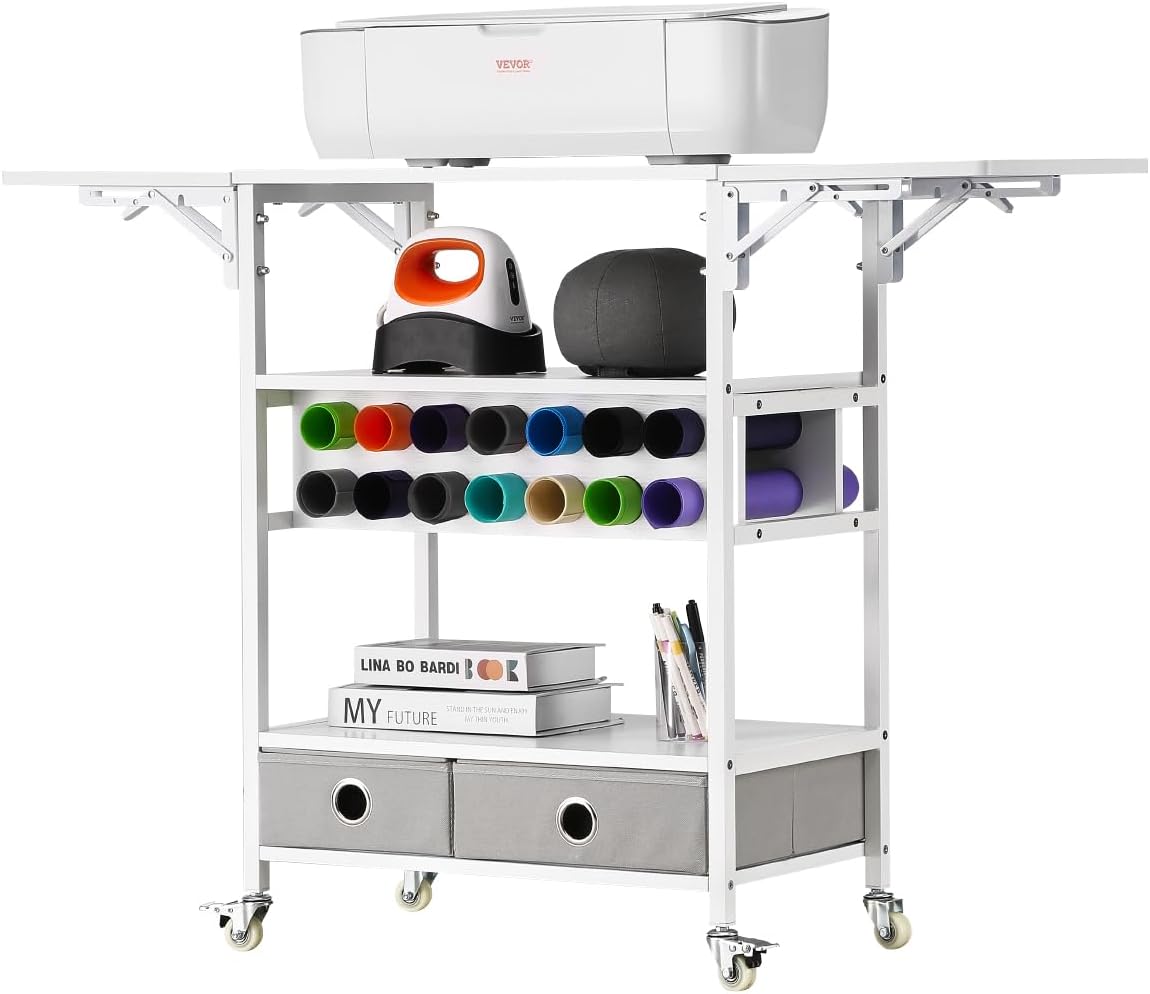 VEVOR Rolling Craft Cart and Storage Table, Compatible with Cricut Machines, Collapsible Cricut Table with Foldable Sides, Craft Rolling Storage Organizer with 16 Vinyl Roll Holders and 2 Drawers