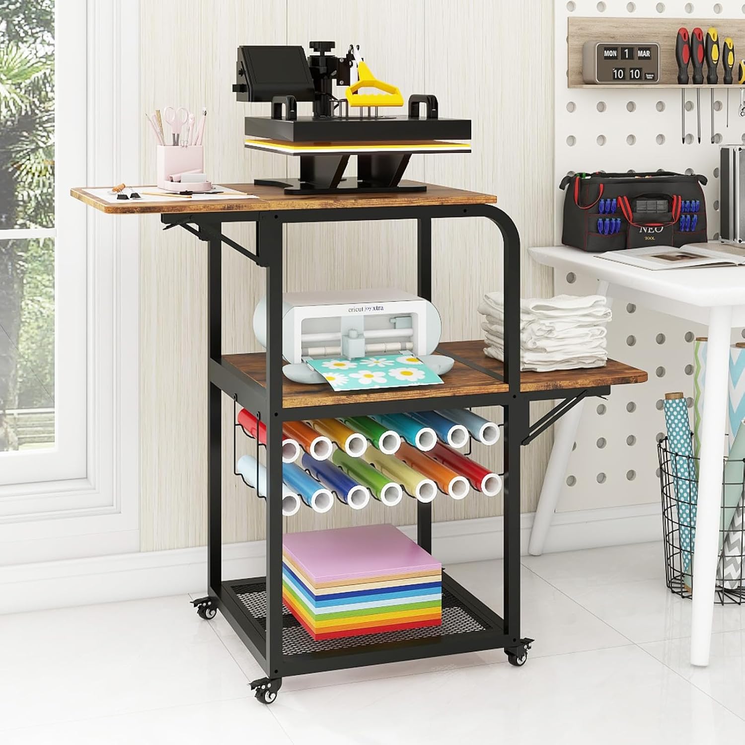 PUNCIA Movable Heat Press Table with Vinyl Roll Holder Stand for Heat Press with Folding Shelf DIY Sublimation Machine Workbench with Storage Rolling Craft Table Heat Transfer Cart with Wheels