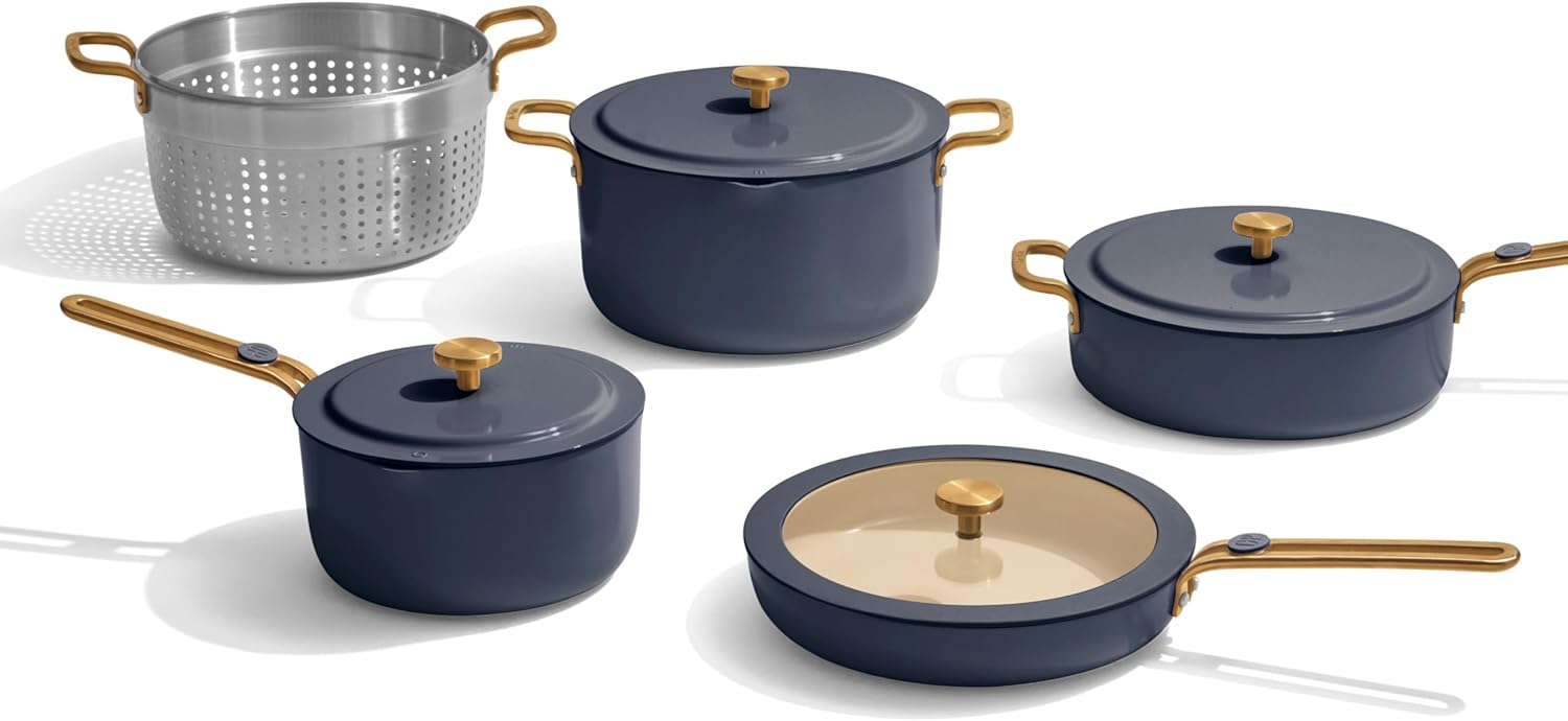 Our Place 17-Piece Essentials Complete Cookware Set - Ceramic Fry Pans, Saucepans, Sauté Pan, Stock Pot, Strainer Basket & Modular Storage | Thermakind™ Nonstick, Oven Safe up to 450°F | Blue Salt