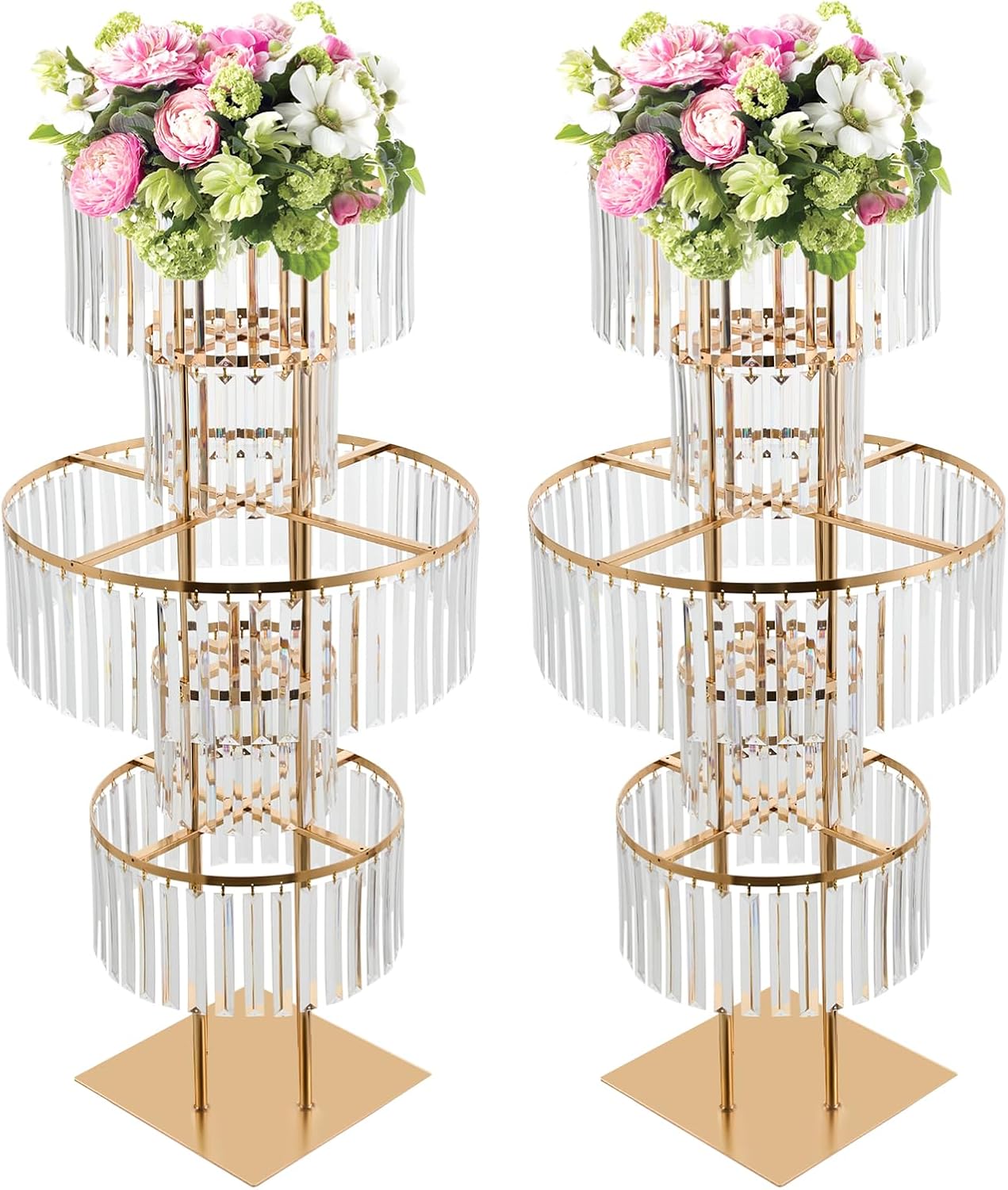 2Pcs 5 Tier Table Chandelier Centerpiece, 43.3 Inch Square Base Crystal Vase Stands for Wedding Birthday Party, Hotel Decor (Gold)