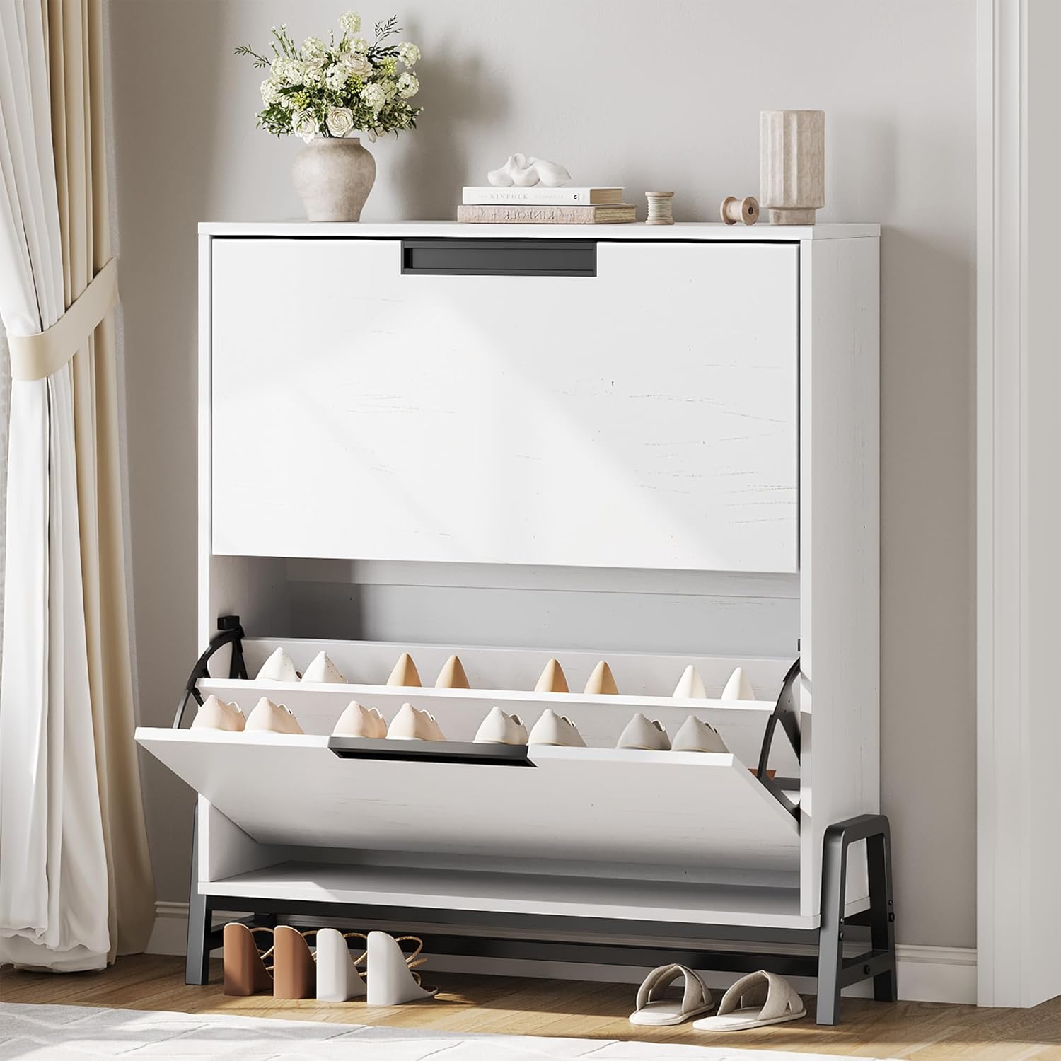 GarveeHome Shoe Storage Cabinet with 2 Flip Drawers, Freestanding Shoe Organizer with Metal Legs, Narrow Shoe Rack Cabinet for Entryway, Foyer, Hallway, Living Room, White