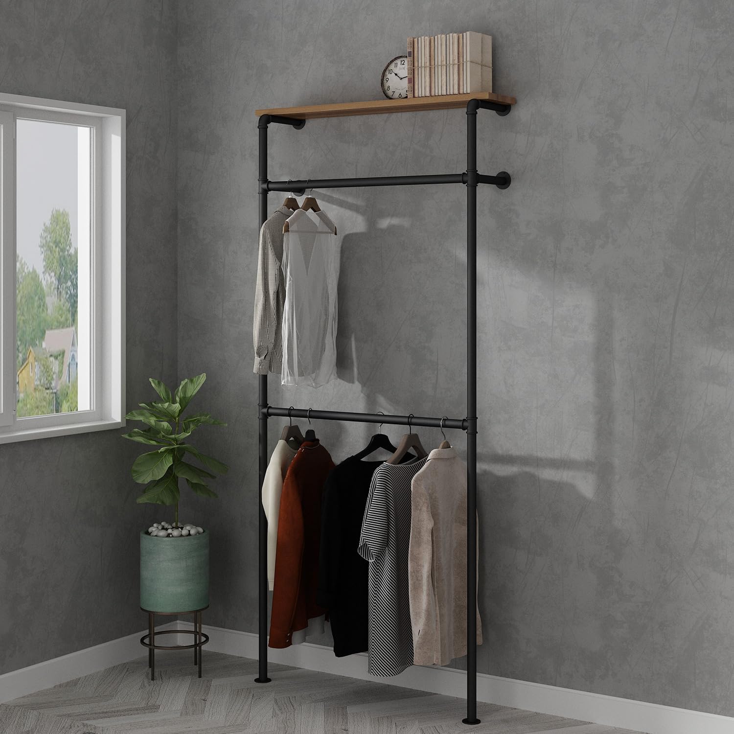 Industrial Pipe Clothing Rack,Clothes Rack for Wardrobe, Bedroom and As Walk-in Closet System.Sturdy Clothing Racks for Hanging Clothes,Wall Mounted Heavy Duty Clothes Rack,Black A