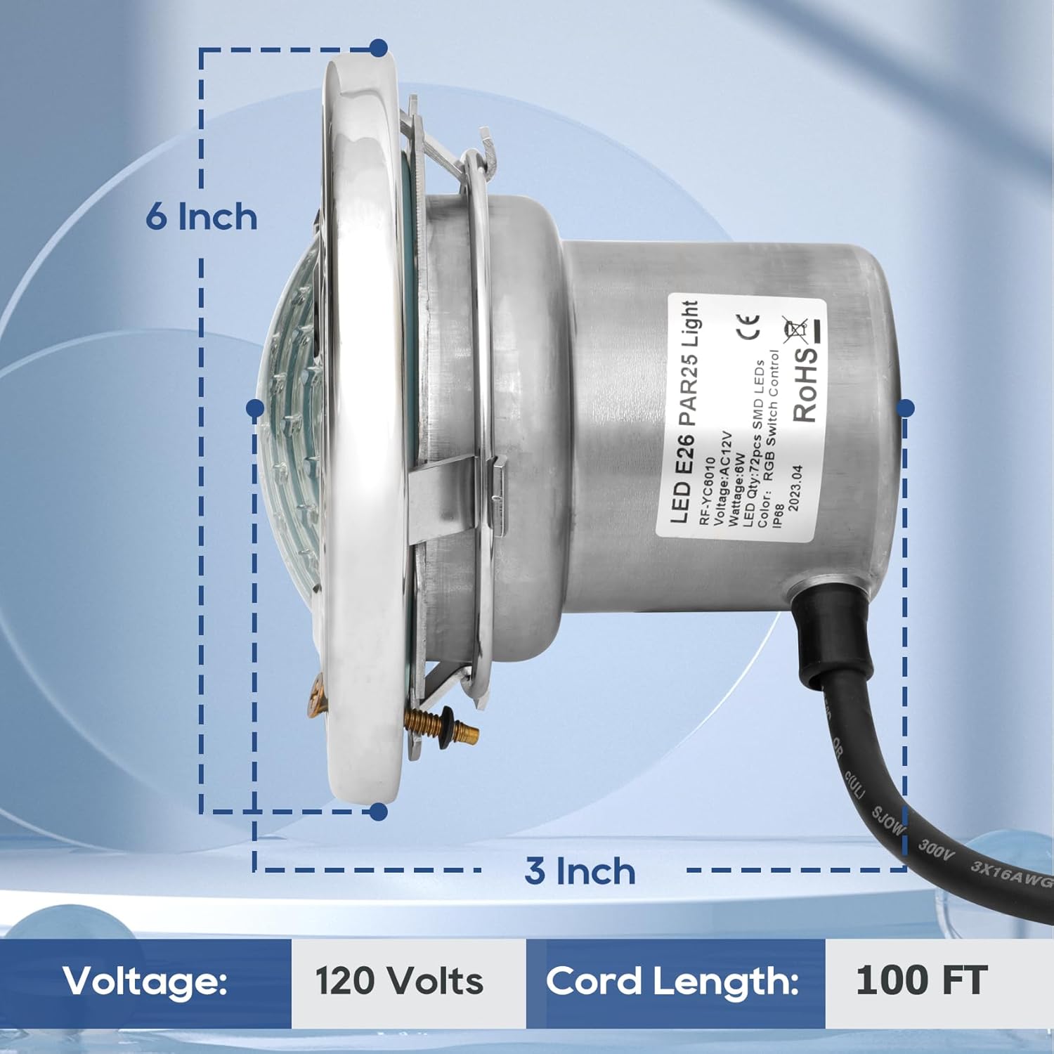 6 Inch LED Spa Lights for Inground Pool, 100FT AC120V 6 Inch White Pool Lights, Underwater Swimming Pool Spa Light for Pools and Spa