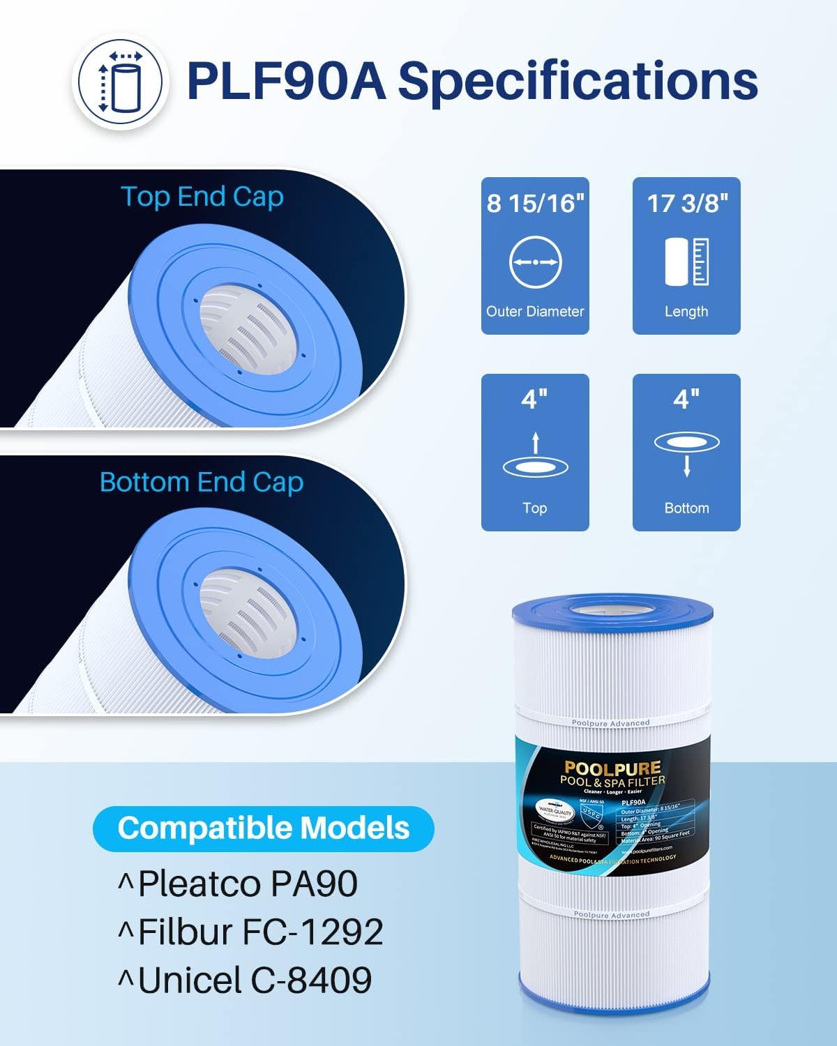 POOLPURE Pack of 4 PLF90A Pool Filter Compatible with Hayward C900, CX900RE, Pleatco PA90, Ultral-B6, Unicel C-8409, Filbur FC-1292, SR PXC95, 90 sq.ft, L x OD: 17 3/8