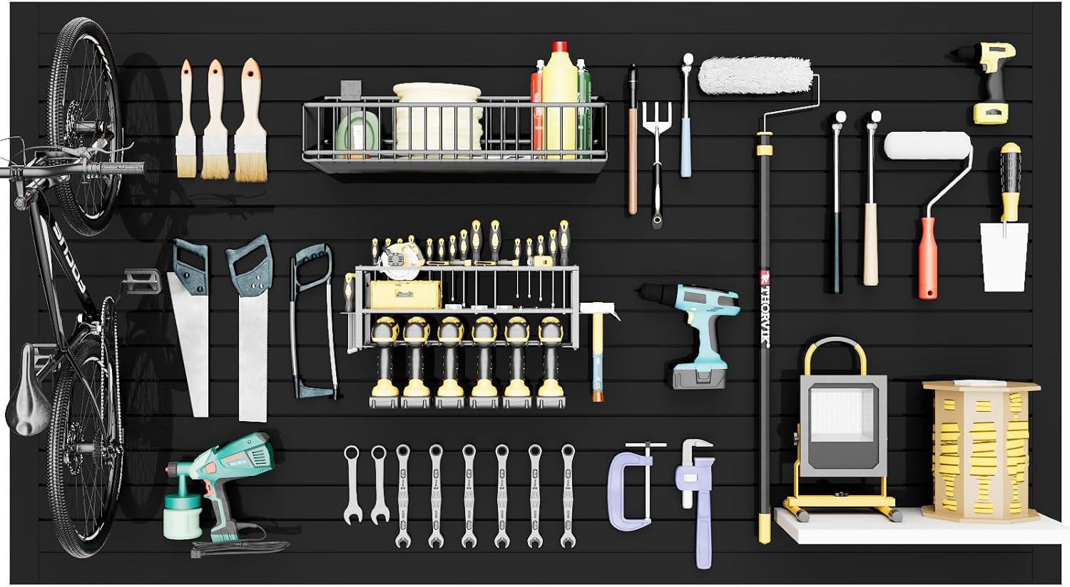 Slatwall Panel Wall Storage Systems, 4x8 ft Slat Wall Paneling Garage Wall Organizer with Six Hooks, Heavy Duty Wall Mounted PVC Wall Rack, Black