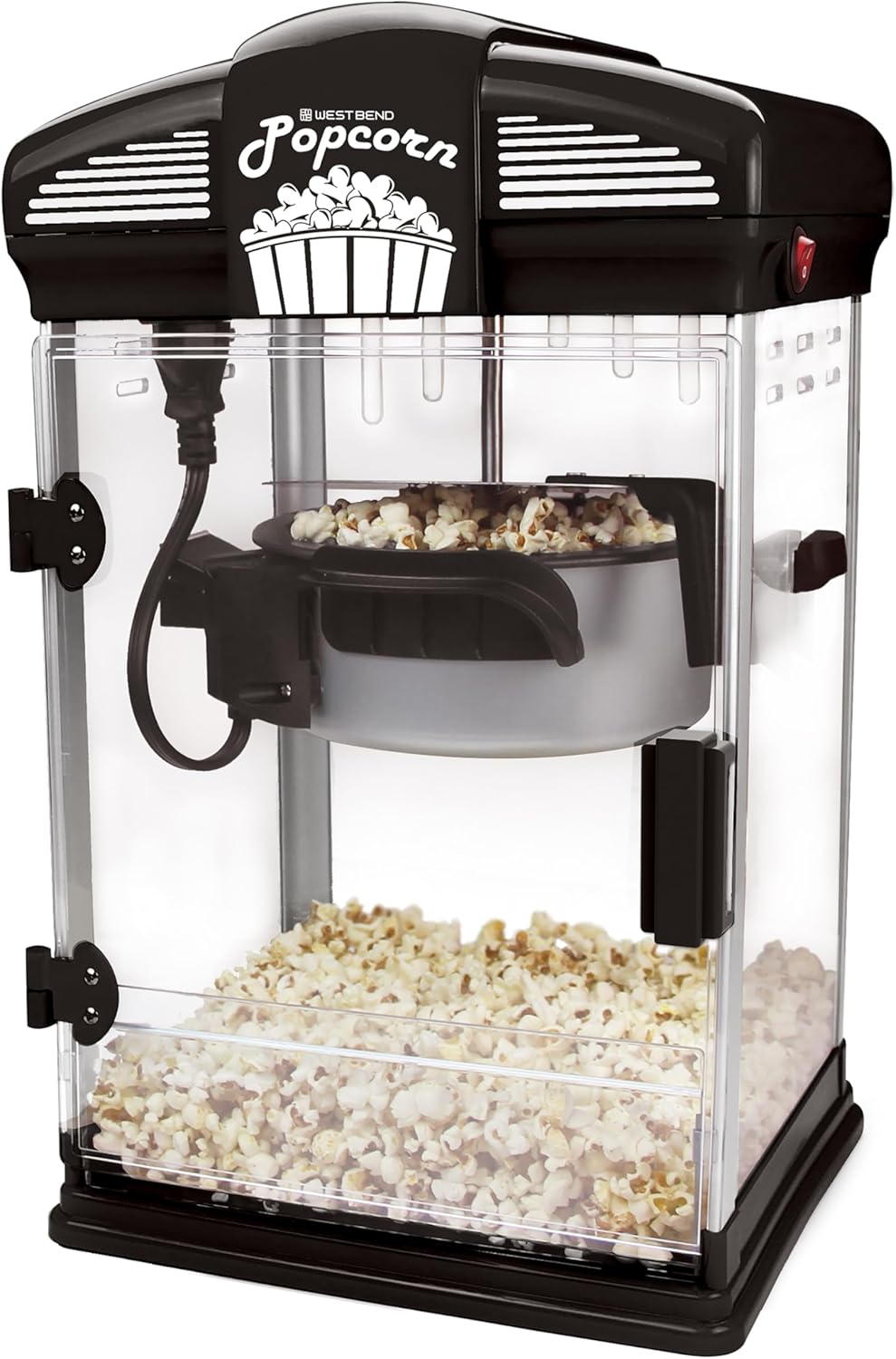 West Bend Stir Crazy Movie Theater Popcorn Popper, Gourmet Popcorn Maker Machine with Nonstick Popcorn Kettle, Measuring Tool and Popcorn Scoop for Popcorn Machine, 4-Qt., Red