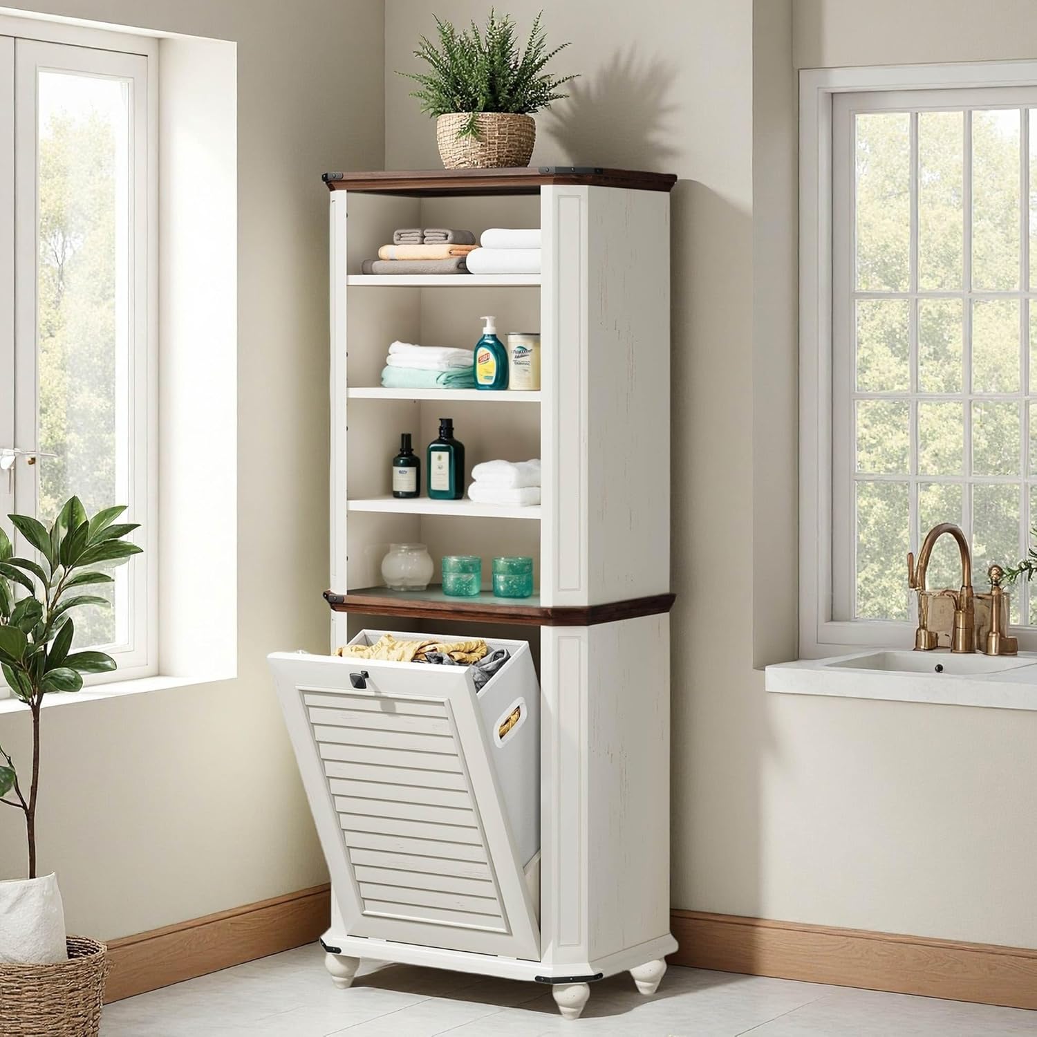 YITAHOME Farmhouse Style 4-Tier Laundry Storage Cabinet – Tilt-Out Hamper with Adjustable Shelves, Removable Basket & Sturdy Wooden Design for Bathroom or Laundry Room Organization