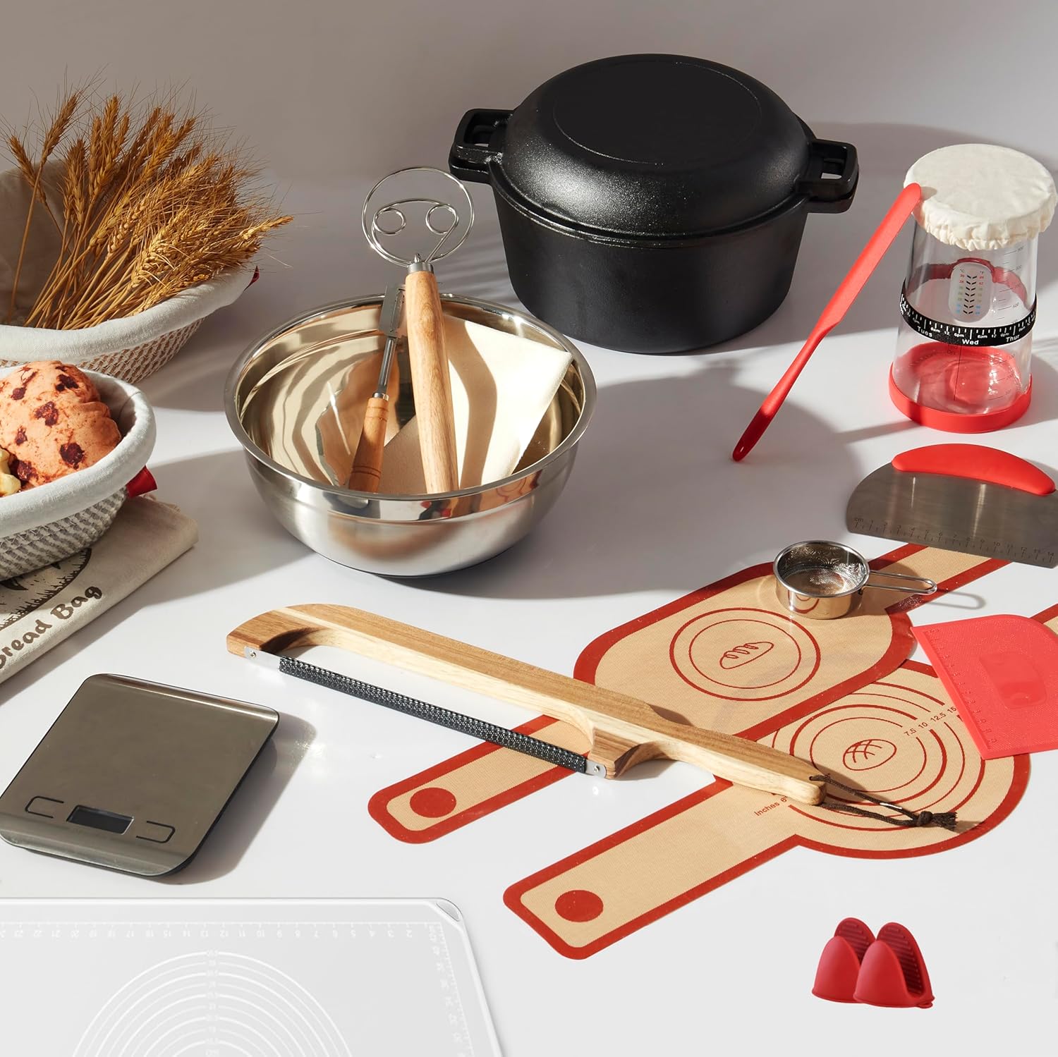 Sourdough Bread Starter Kit Baking Supplies with Cast Iron Dutch Oven for Bread Baking 34 Oz Starter Jar 2 Cotton Rope Banneton Proofing Basket Best Gift Set