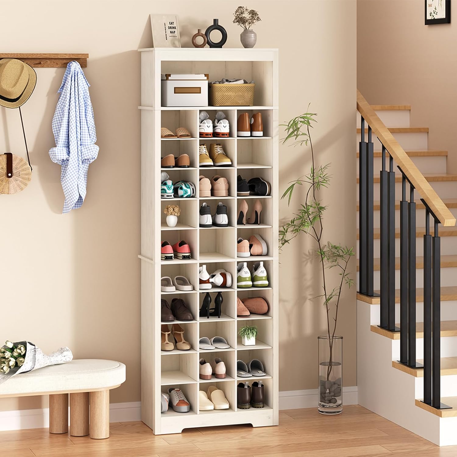 HOMMPA 72'' Beige Tall Shoe Cabinet, Freestanding Tall Shoe Rack with Bottom Cabinet, 8-Tier 24 Cubbies Wooden Shoe Storage Organizer with Adjustable Shelves for Entryway, 13