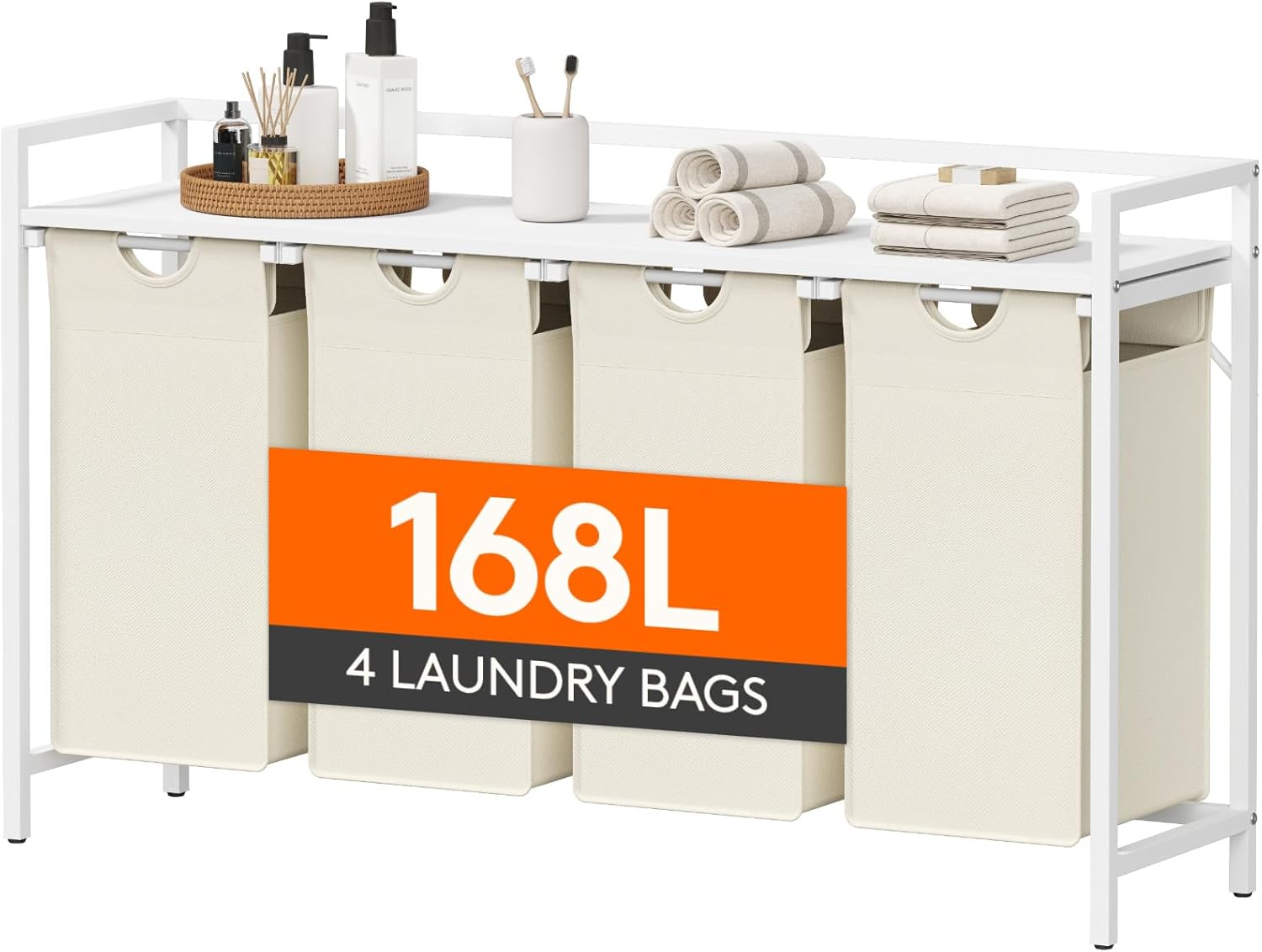 Lifewit Laundry Hamper 4 Section, 168L Pull out Laundry Clothes Basket Organizer with Large Top Shelf and 4 Removable Bags and Handles, Laundry Sorter for Laundry Room Bedroom Bathroom, White