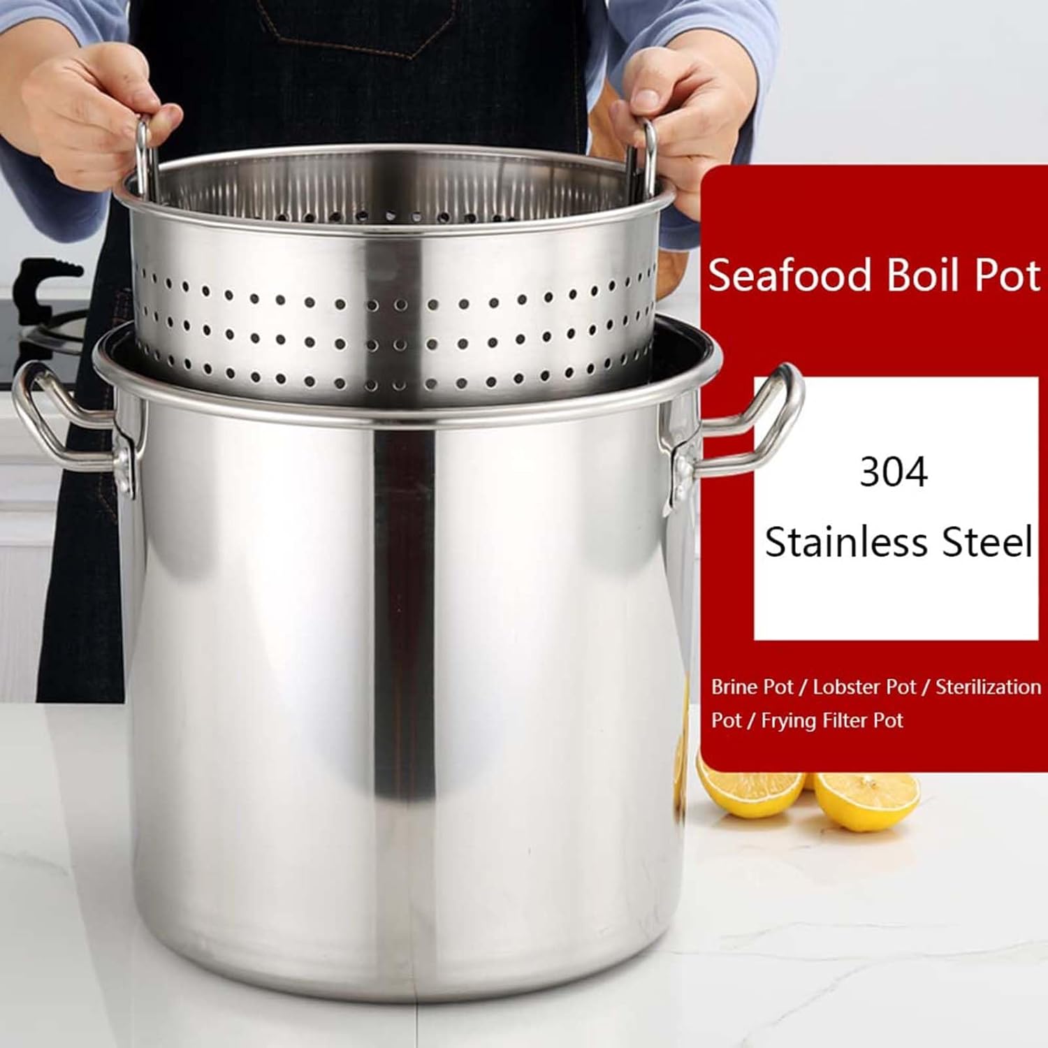 Stock Pot, 20-90L Stock Pot with Strainer Basket and Retractable Handle, Commercial Stainless Steel Seafood Boil Pot Crawfish Boiler Pot Turkey Fryer Pot for Steaming and Boiling, Silver