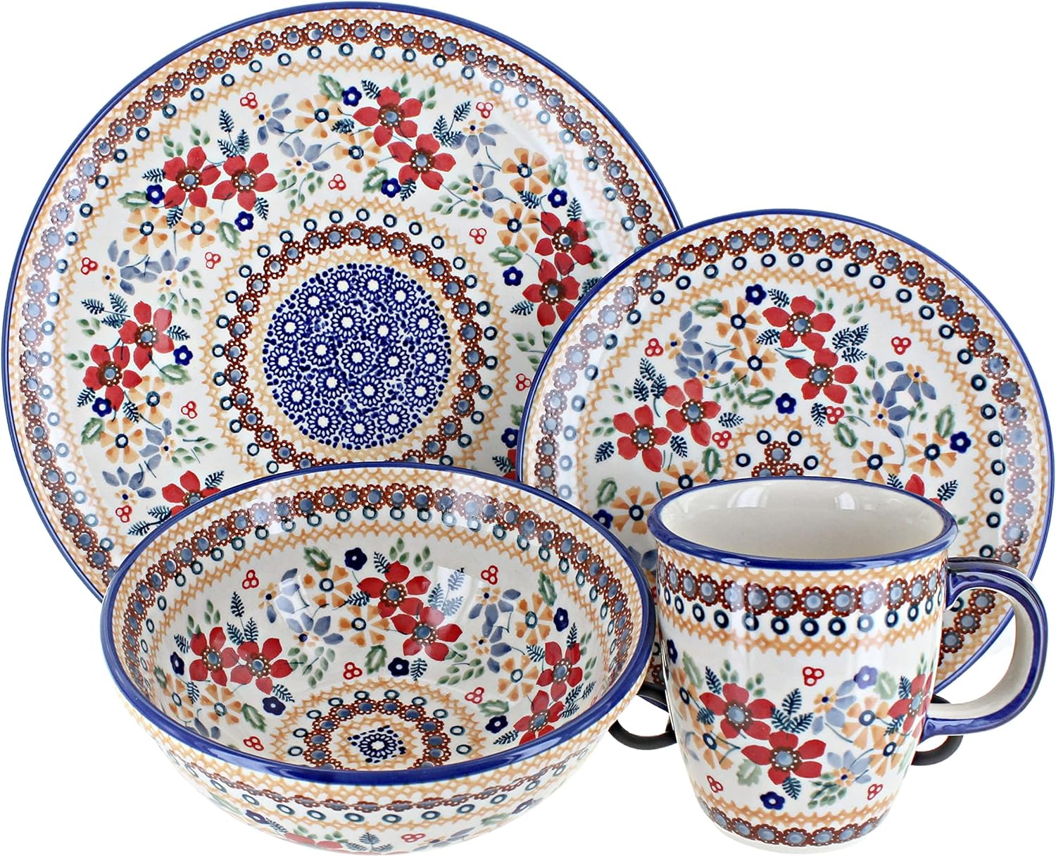 Blue Rose Polish Pottery - Red Daisy 16 Piece Dinner Set - 4 Place Settings - Great for Everyday Dining, Casual Dining, or as Formal Dinnerware