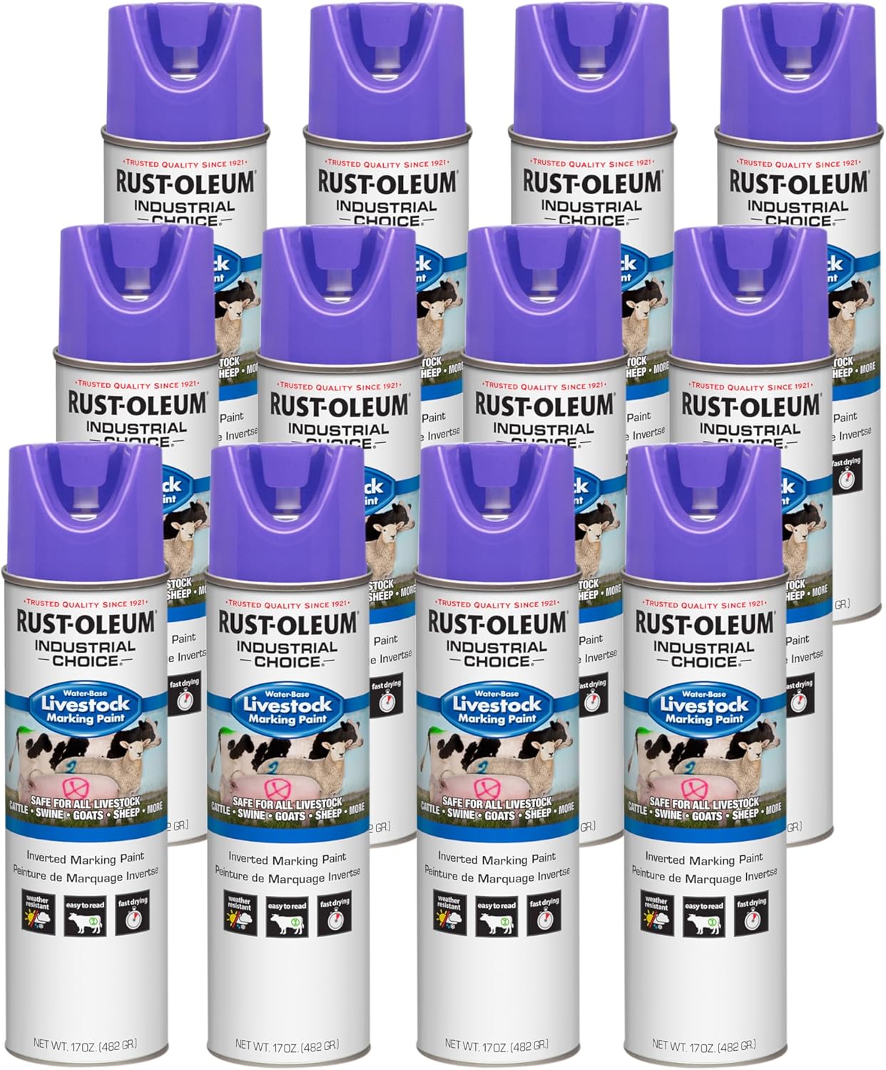 Rust-Oleum 383021 Livestock Marking Spray Paint, 17 oz, Fluorescent Purple, 12 Pack