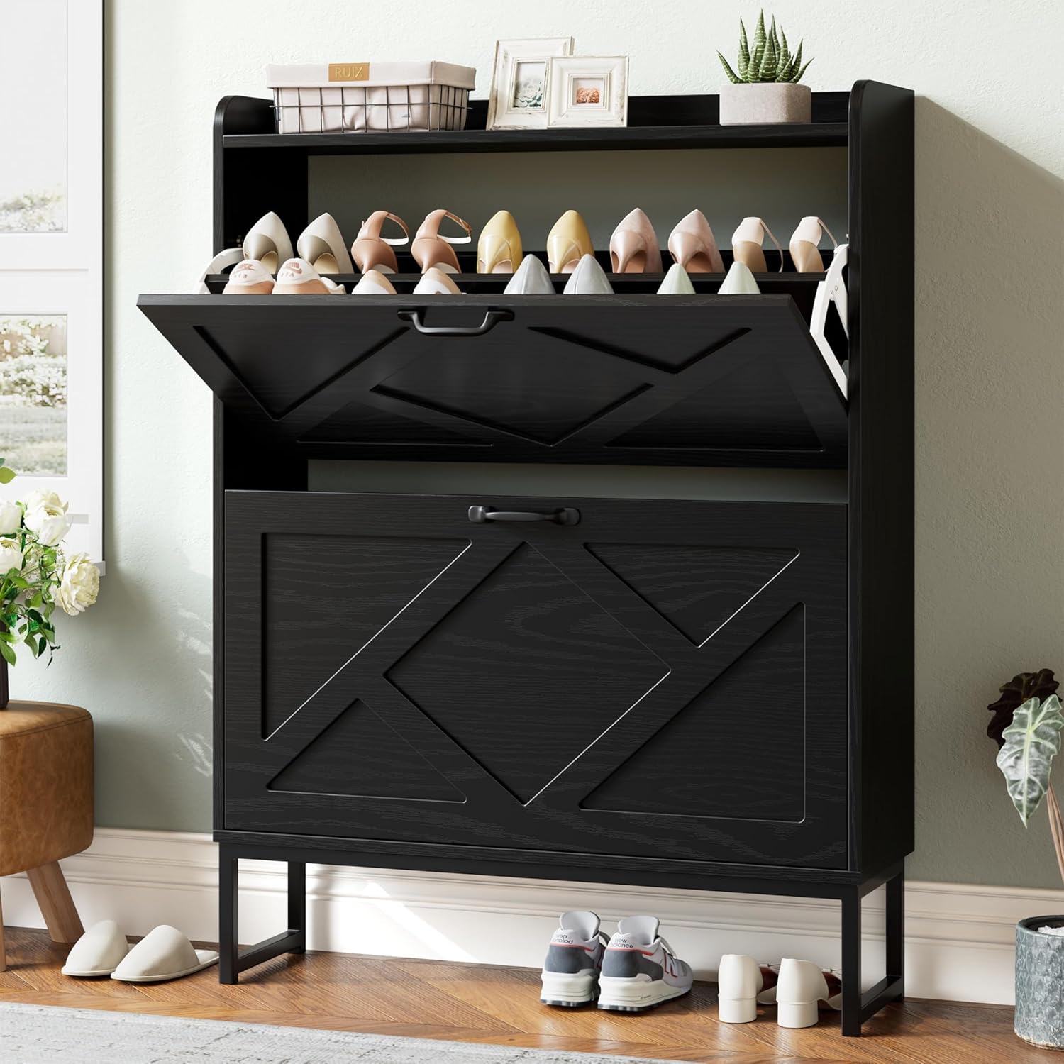 Nicetree Shoe Storage Cabinet with 2 Flip Drawers, Freestanding Shoe Organizer, Shoe Cabinet with Metal Legs, Narrow Shoe Rack Cabinet, Farmhouse Slim Shoe Cabinet for Entryway, Foyer, Hallway, Black