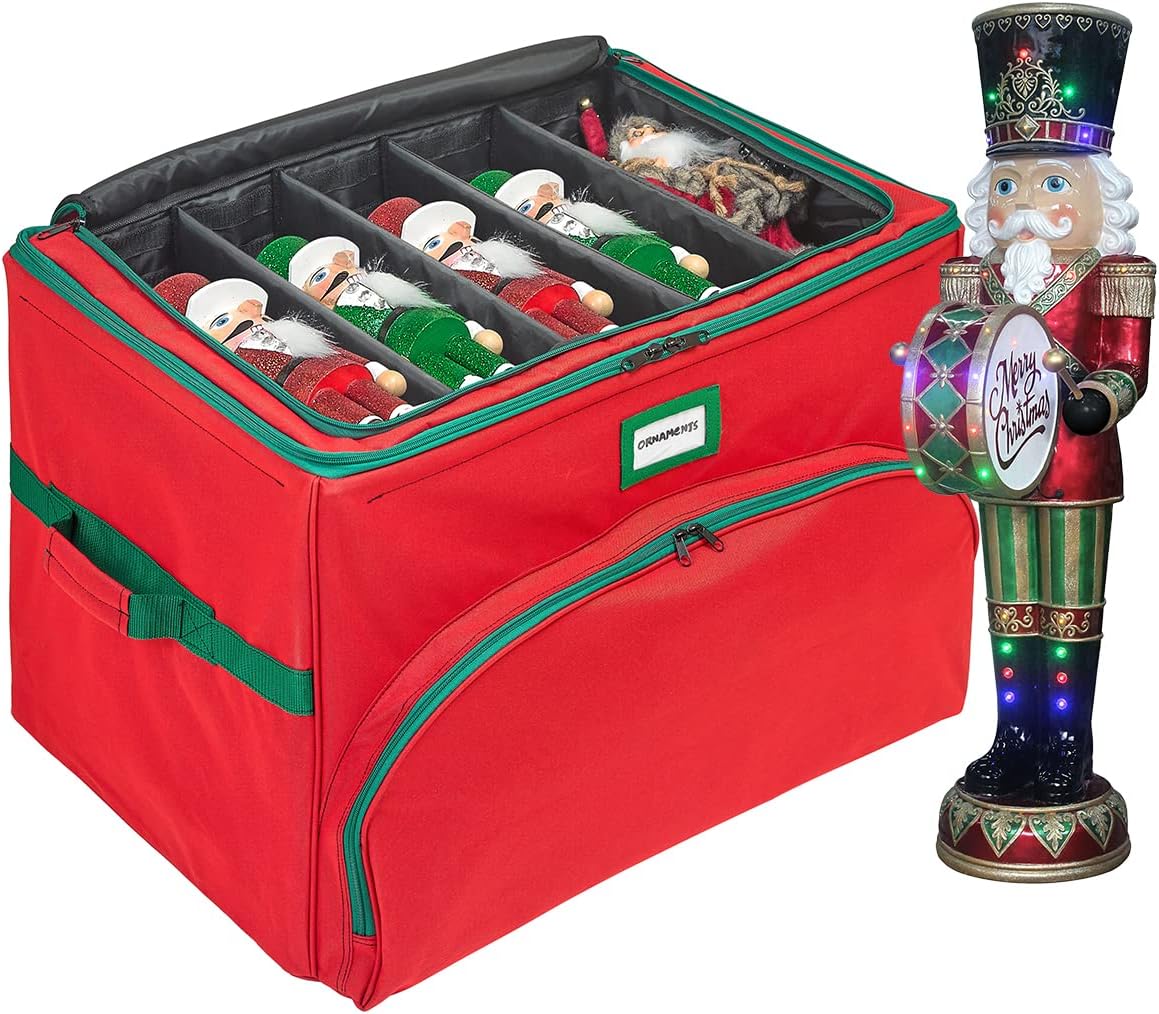 Christmas Nutcracker and Figurine Collectible Storage Box - Holds Up to 72 Ornaments 4” x 4” - Top Adjustable Compartments for Figurines, Nutcrackers, etc - Heavy Duty 600D/ Inside PVC Material