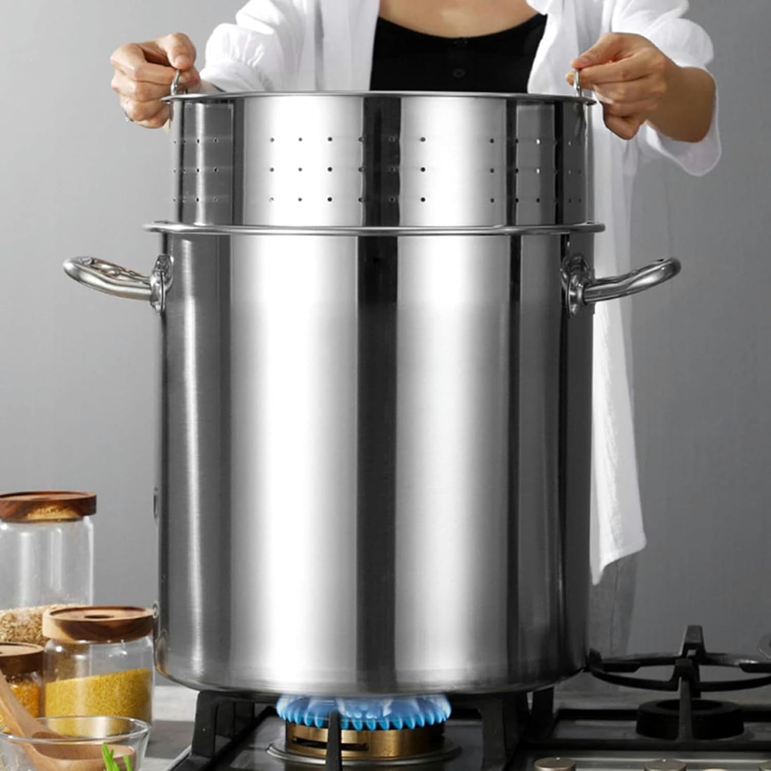 Stainless Steel Crab Seafood Boil Pot, Crawfish Boil Turkey Fryer Pot W/Strainer Basket, Heavy Riveted Handles for Boiling Seafood, Deep Frying,40x40cm(45x45cm)