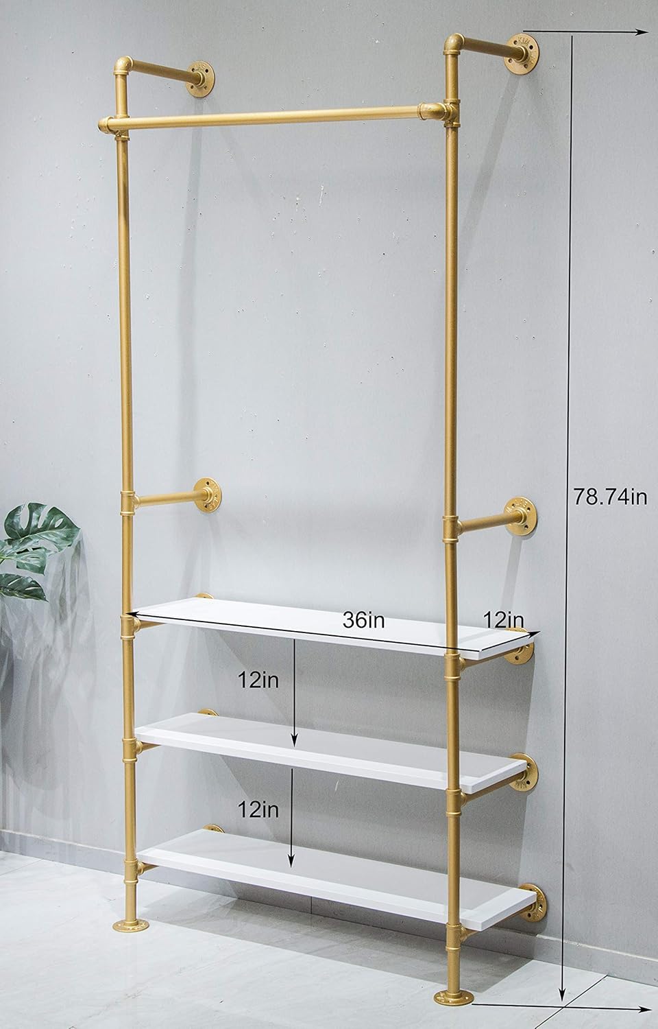 Industrial Pipe Clothing Rack Wood Garment Rack Pipeline Vintage Rolling Rack On Wall（Gold）