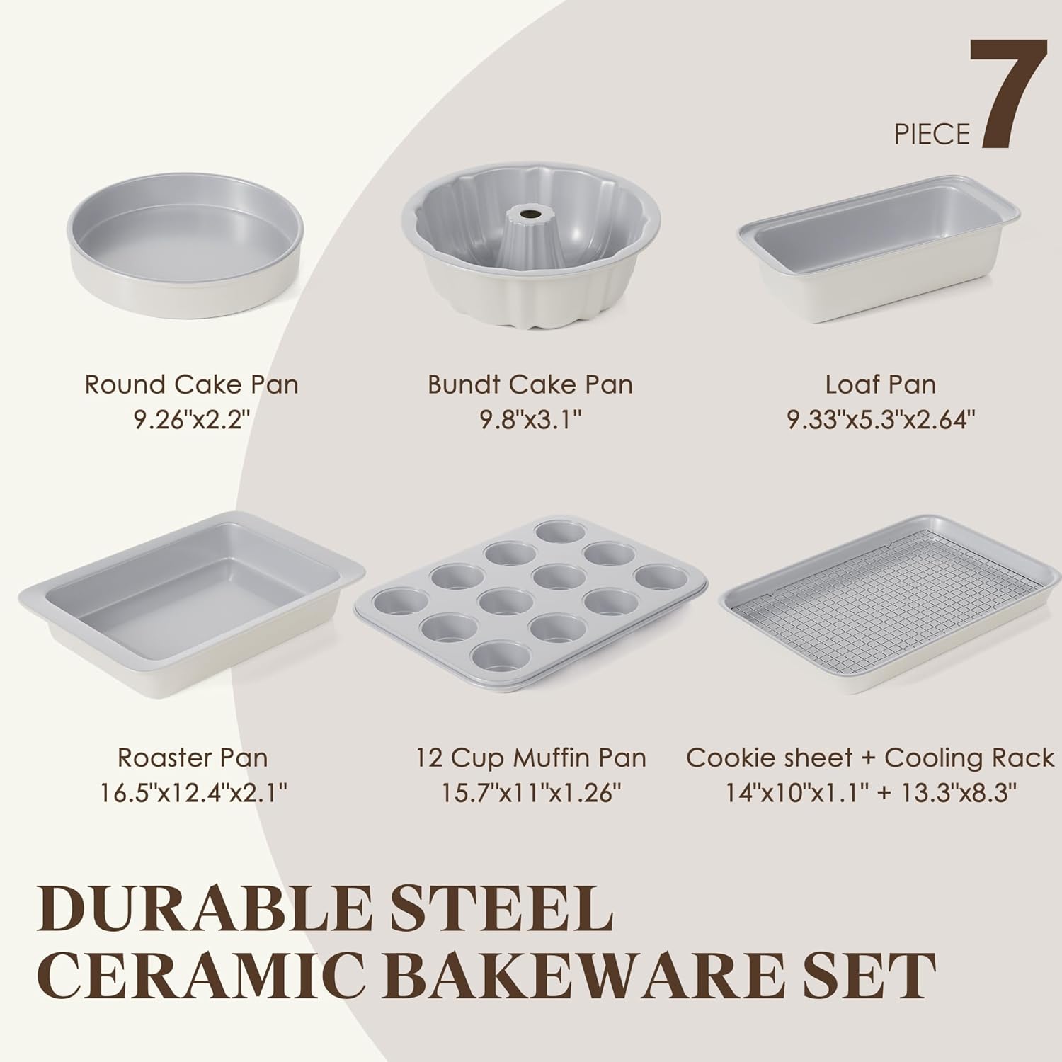 VONIKI Ceramic Baking Pans Set, 7 PCS Nonstick Bakeware Sets Baking Sheets For Oven Baking Set With Cookie Sheet, Cake Pan, Loaf Pan, Muffin Pan, Roaster Pan, Cooling Rack - Nontoxic Baking Supplies