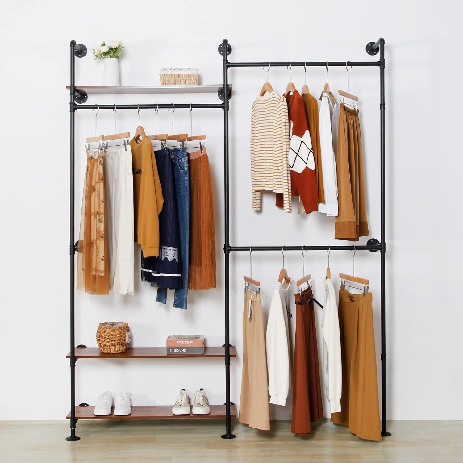 Industrial Pipe Clothing Rack - Wall Mounted 3-Tier Heavy Duty Metal Garment Rack with Shelves, Black Closet Organizer for Retail Stores & Bedroom (92.1X76.8inch)