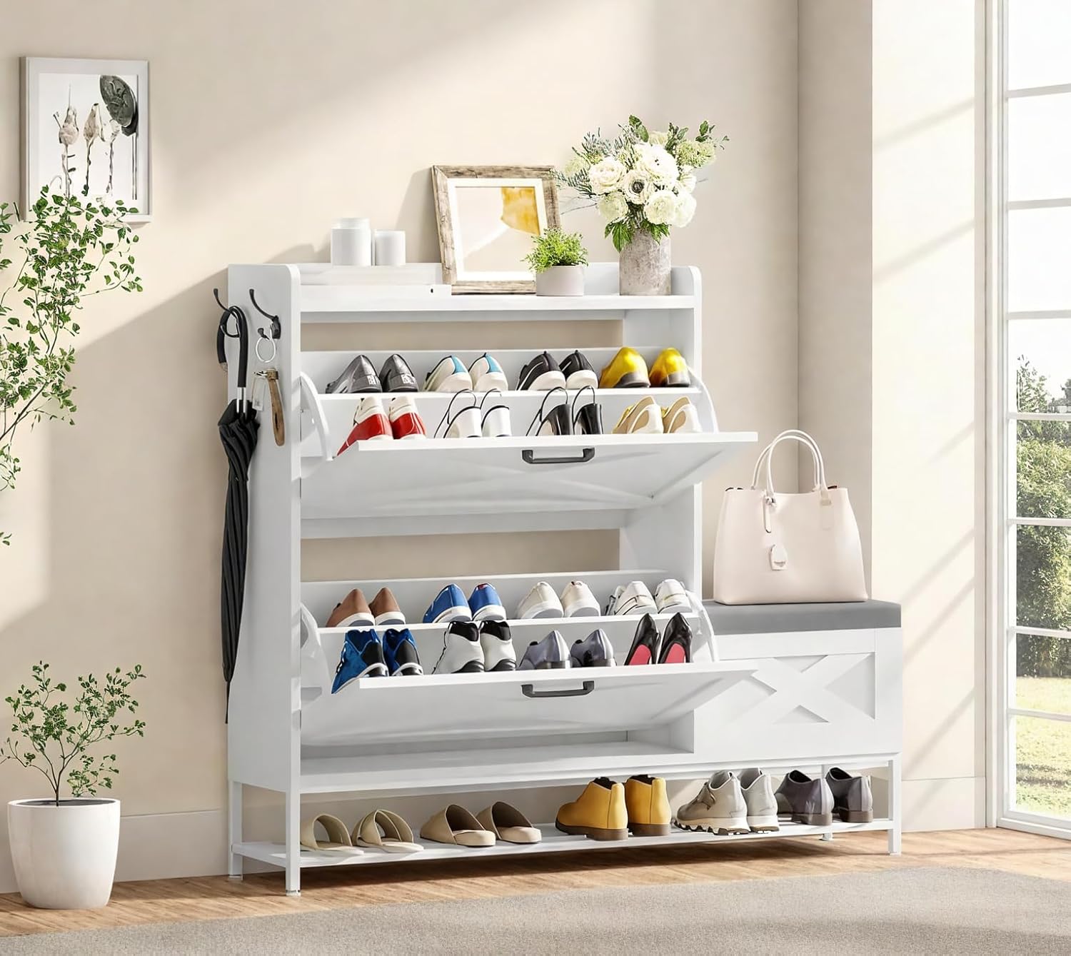 DWVO Farmhouse Shoe Storage Cabinet with 2 Flip Drawers for 16 Pairs, Entryway Shoe Storage with Shoe Bench, Narrow Slim Shoe Cabinet for Entryway, Living Room, Hallway (White)