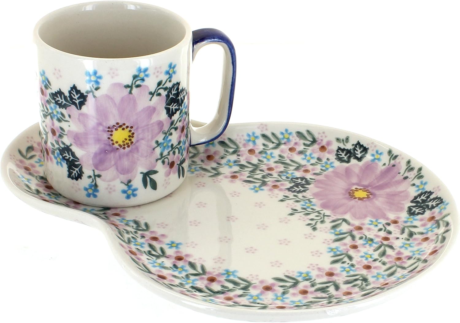 Blue Rose Polish Pottery - Purple Lilac Garden Breakfast Plate with Mug - 12 oz - Unique Breakfast Plate Set, Beautiful Mug for Coffee or Tea