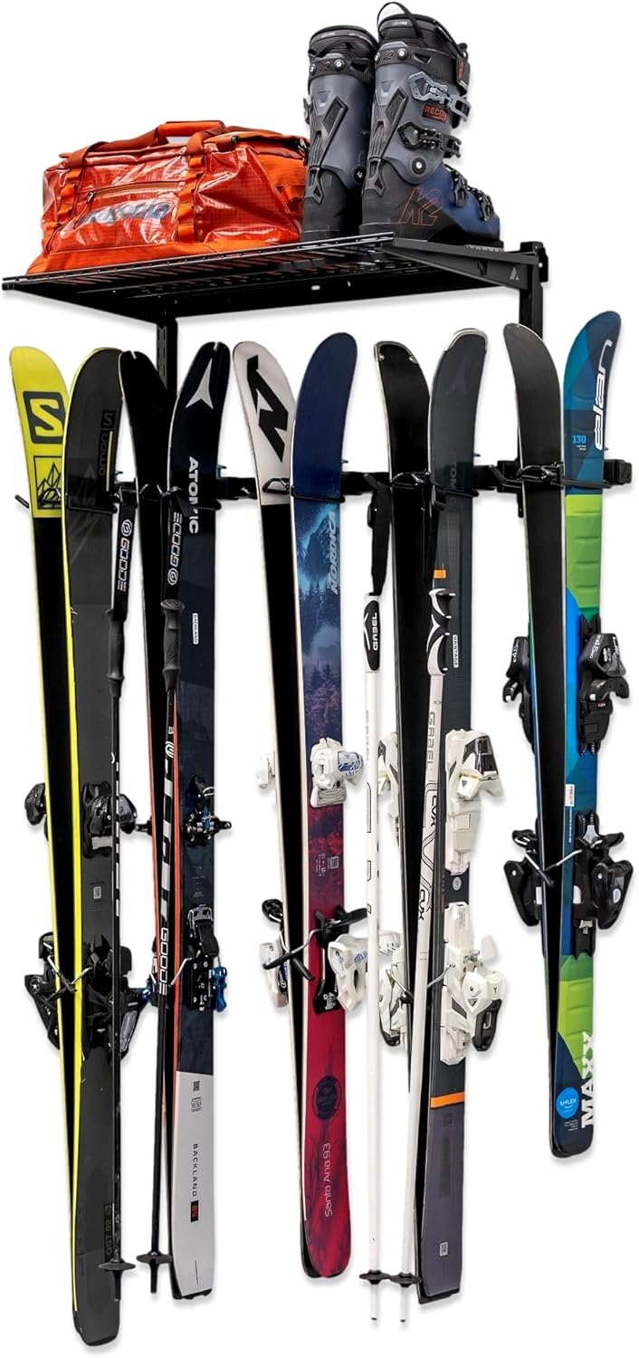 StoreYourBoard Lone Peak Ski Storage Rack and Wall Shelf, Holds 5 Pairs of Skis and Poles, Supports 300 lbs, 46 in x 13.75 in x 16 in