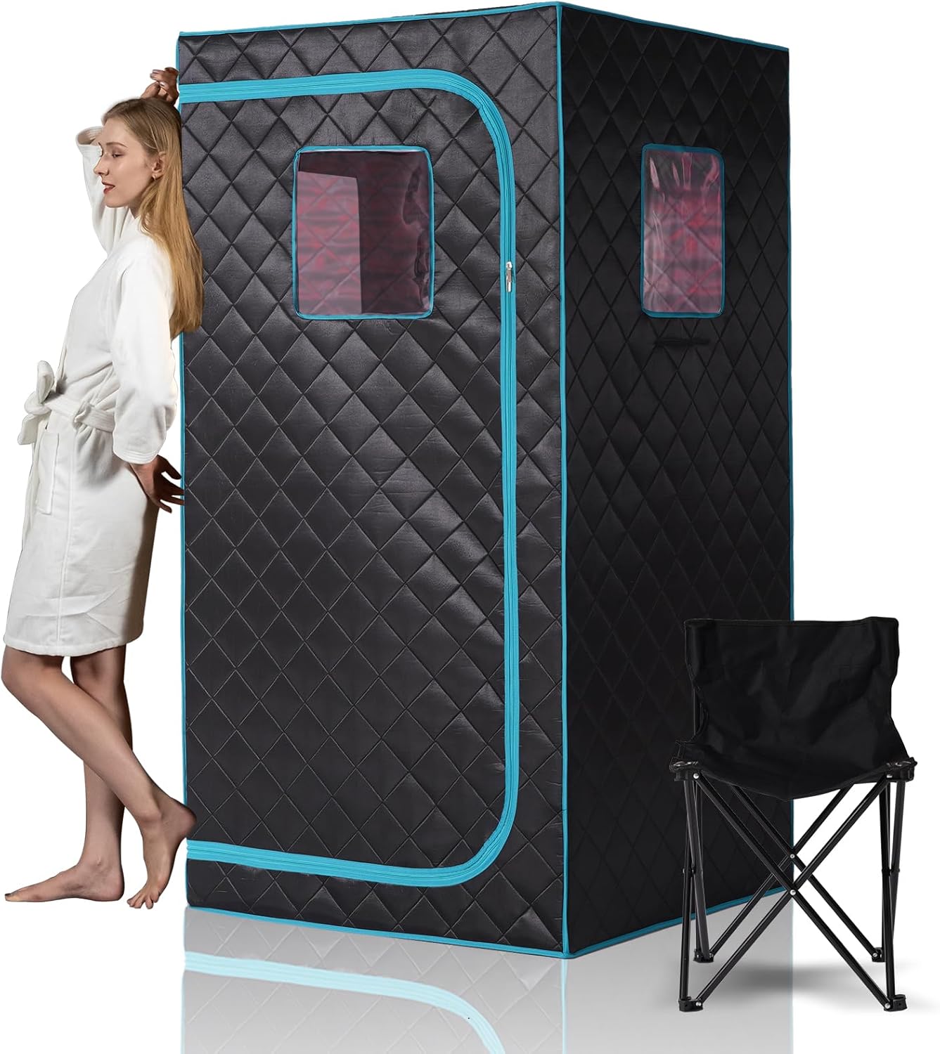 Smartmak Portable Far Infrared Sauna, Home Two Person Sauna Box with 660nm Red Light Therapy Lamp, X-Large Full Size Indoor SPA Tent for Body Recovery, Remote Control, 2 Folding Chairs, Greyborder